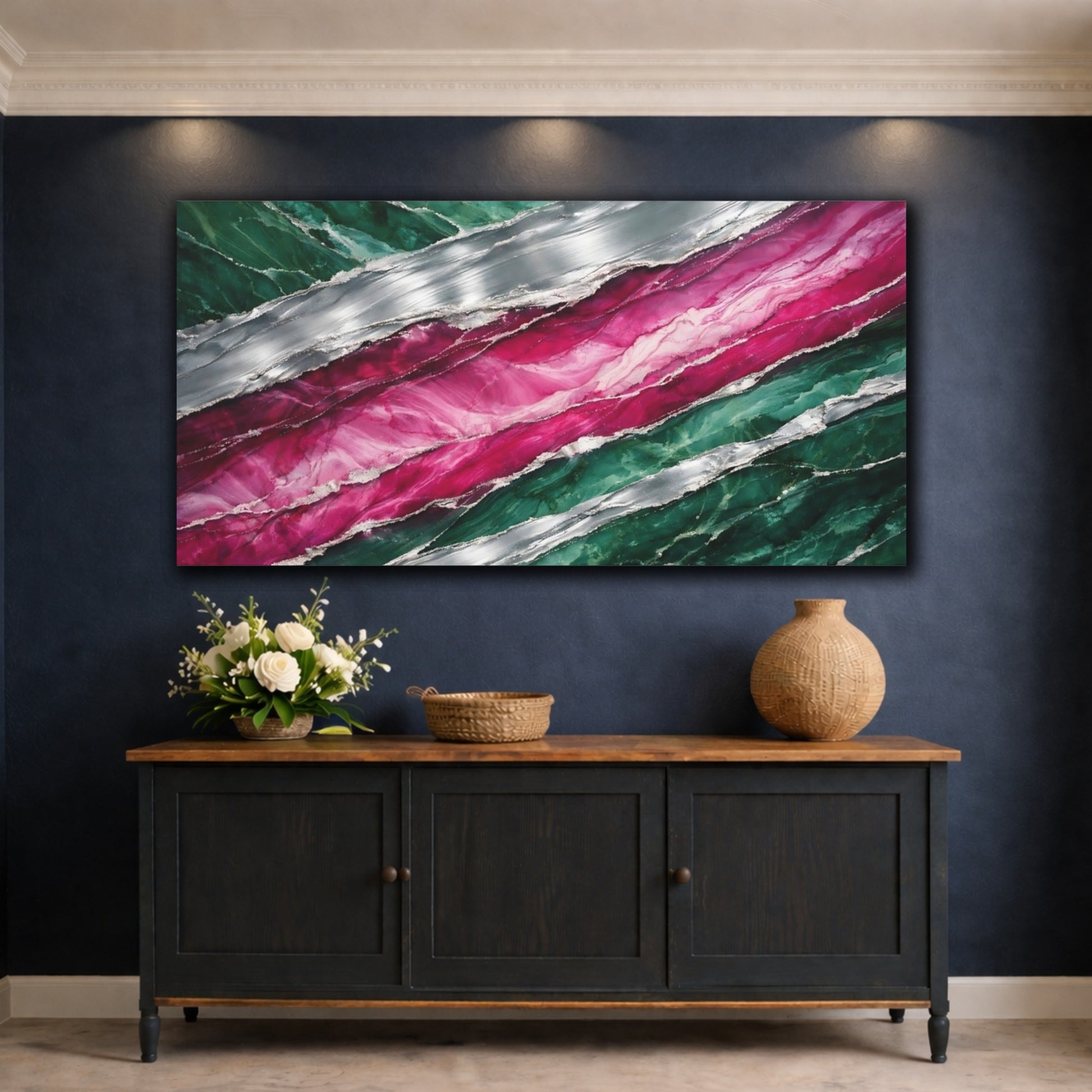 Mockup 4. Abstract Abstract Pattern Green Pink Silver shown as stretched canvas wall art