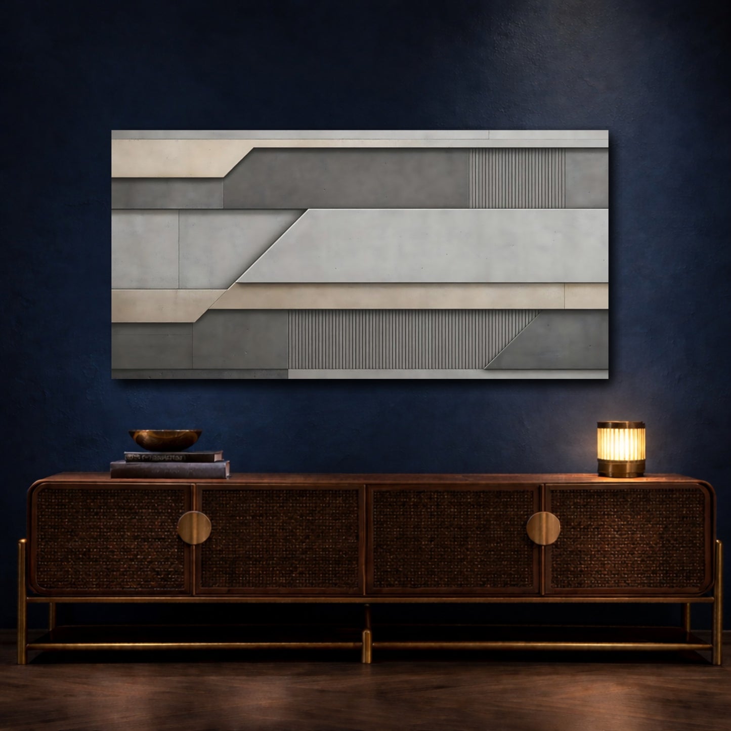 Mockup 4. Abstract Abstract Pattern Grey And Beige Abstract shown as stretched canvas wall art