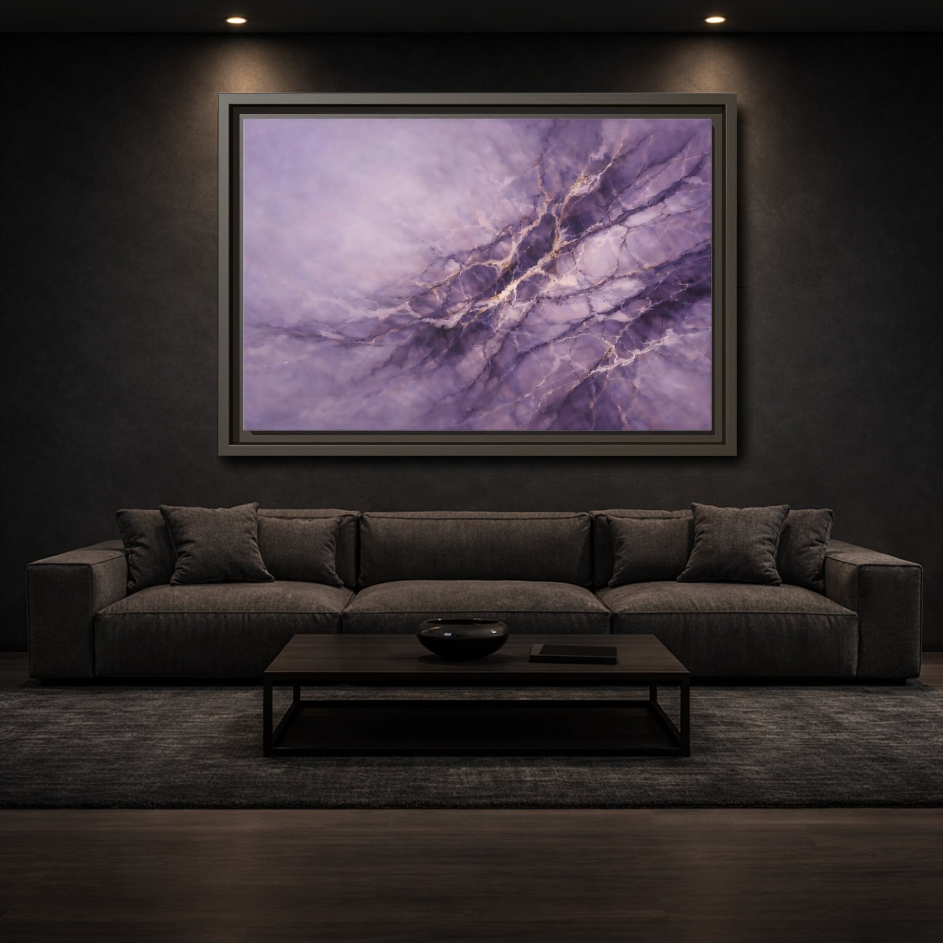 Mockup 2. Abstract Abstract Pattern Purple And Gold shown as stretched canvas wall art