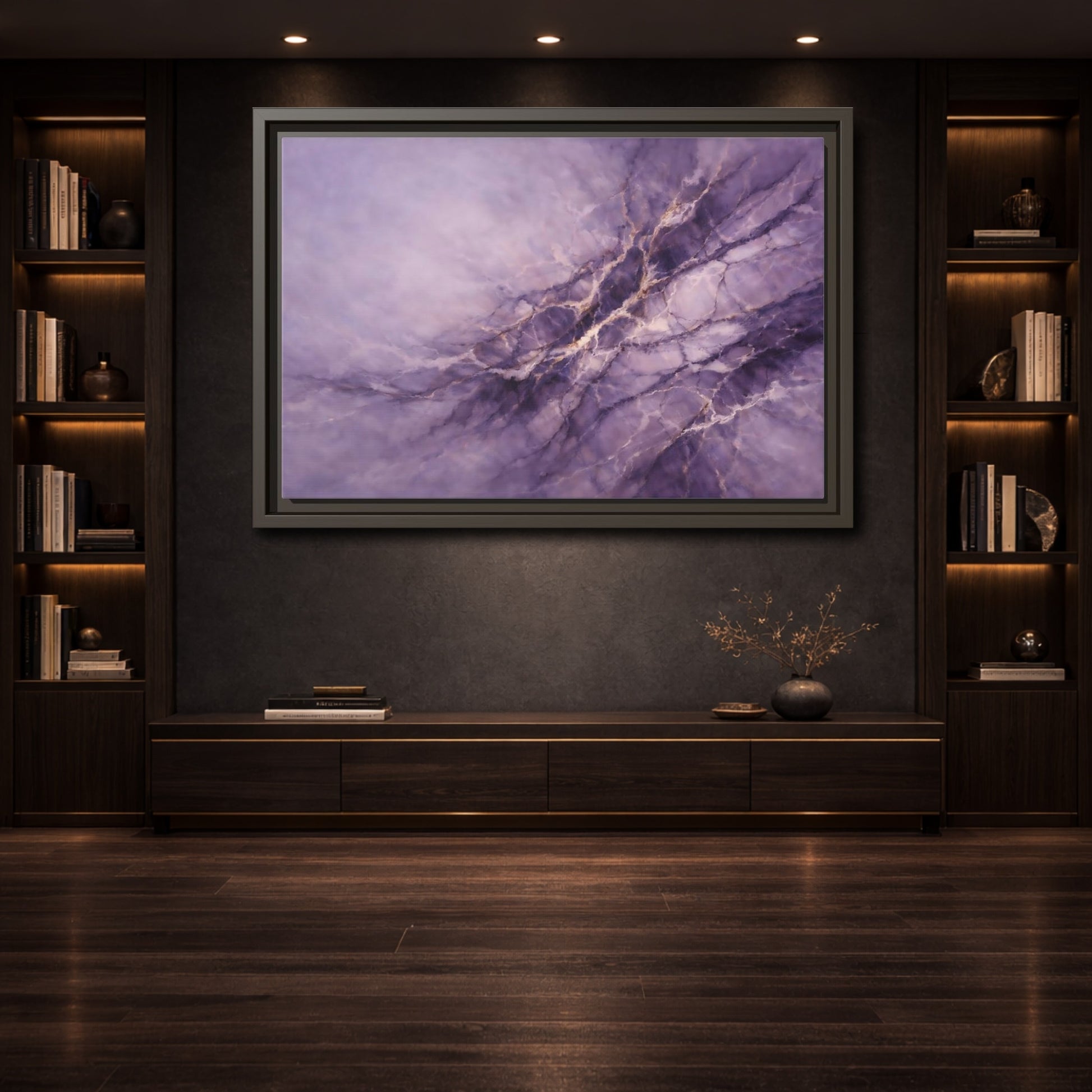 Mockup 3. Abstract Abstract Pattern Purple And Gold shown as stretched canvas wall art