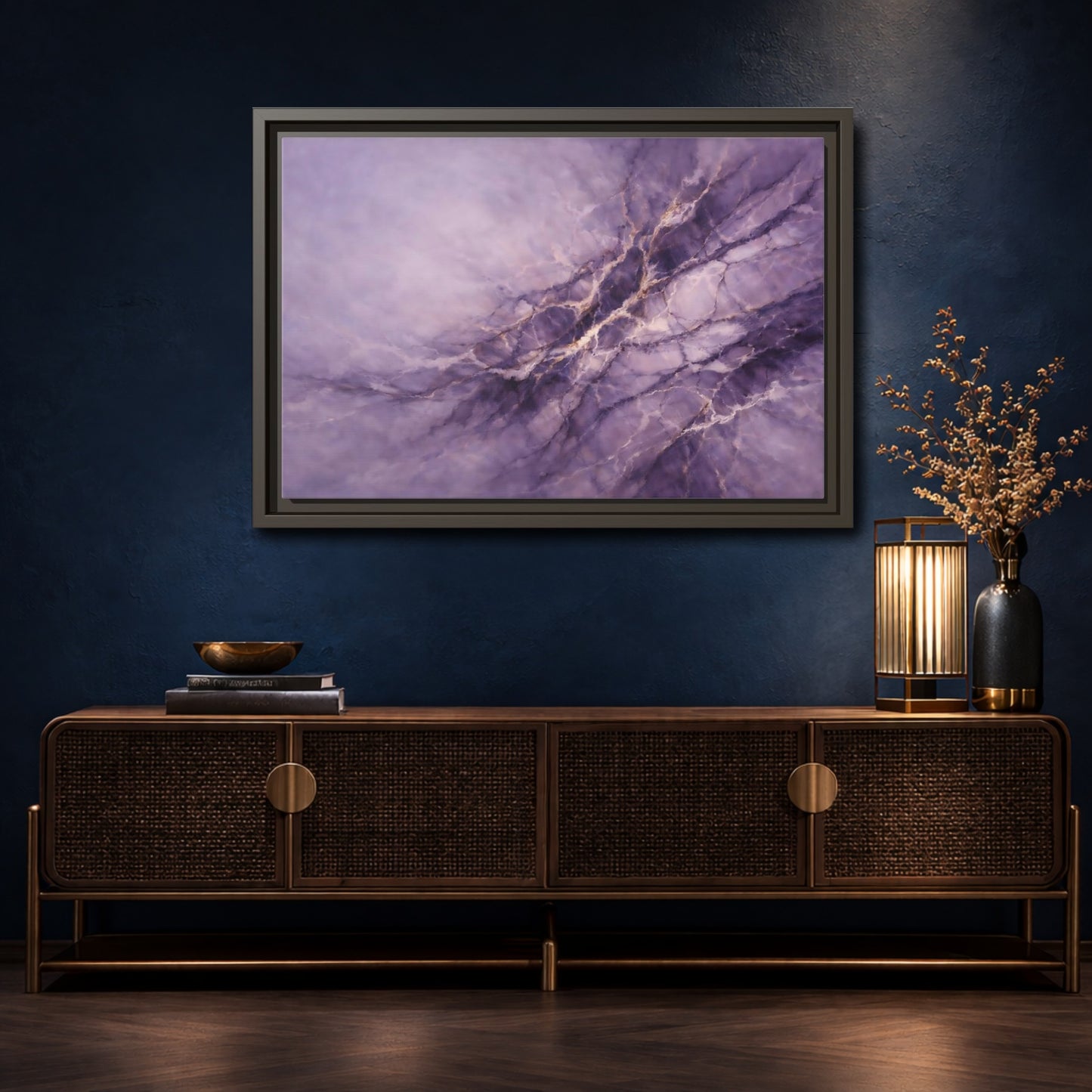 Mockup 4. Abstract Abstract Pattern Purple And Gold shown as stretched canvas wall art
