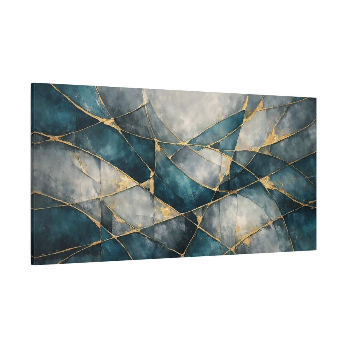 Main Mockup. Abstract Abstract Pattern Teal Gold Abstract shown as stretched canvas wall art