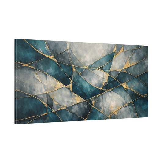 Main Mockup. Abstract Abstract Pattern Teal Gold Abstract shown as stretched canvas wall art