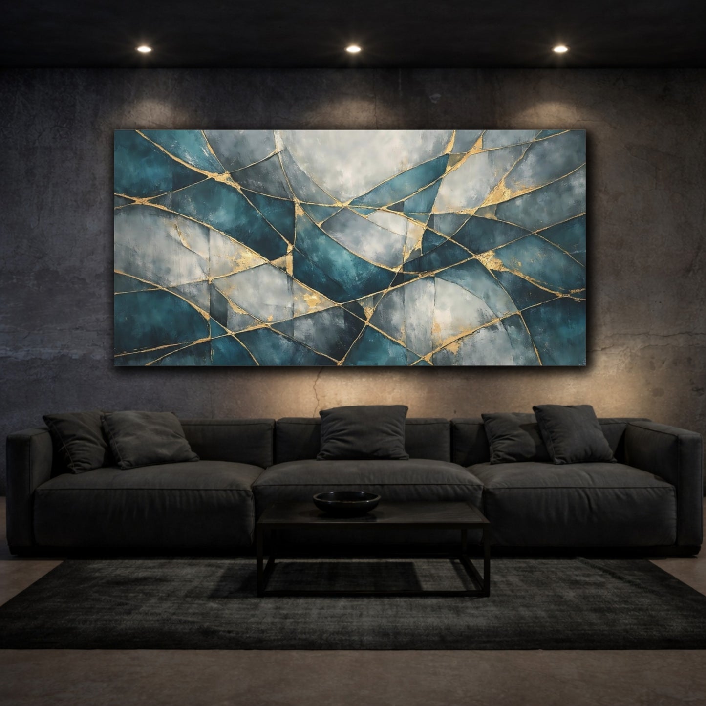 Mockup 2. Abstract Abstract Pattern Teal Gold Abstract shown as stretched canvas wall art