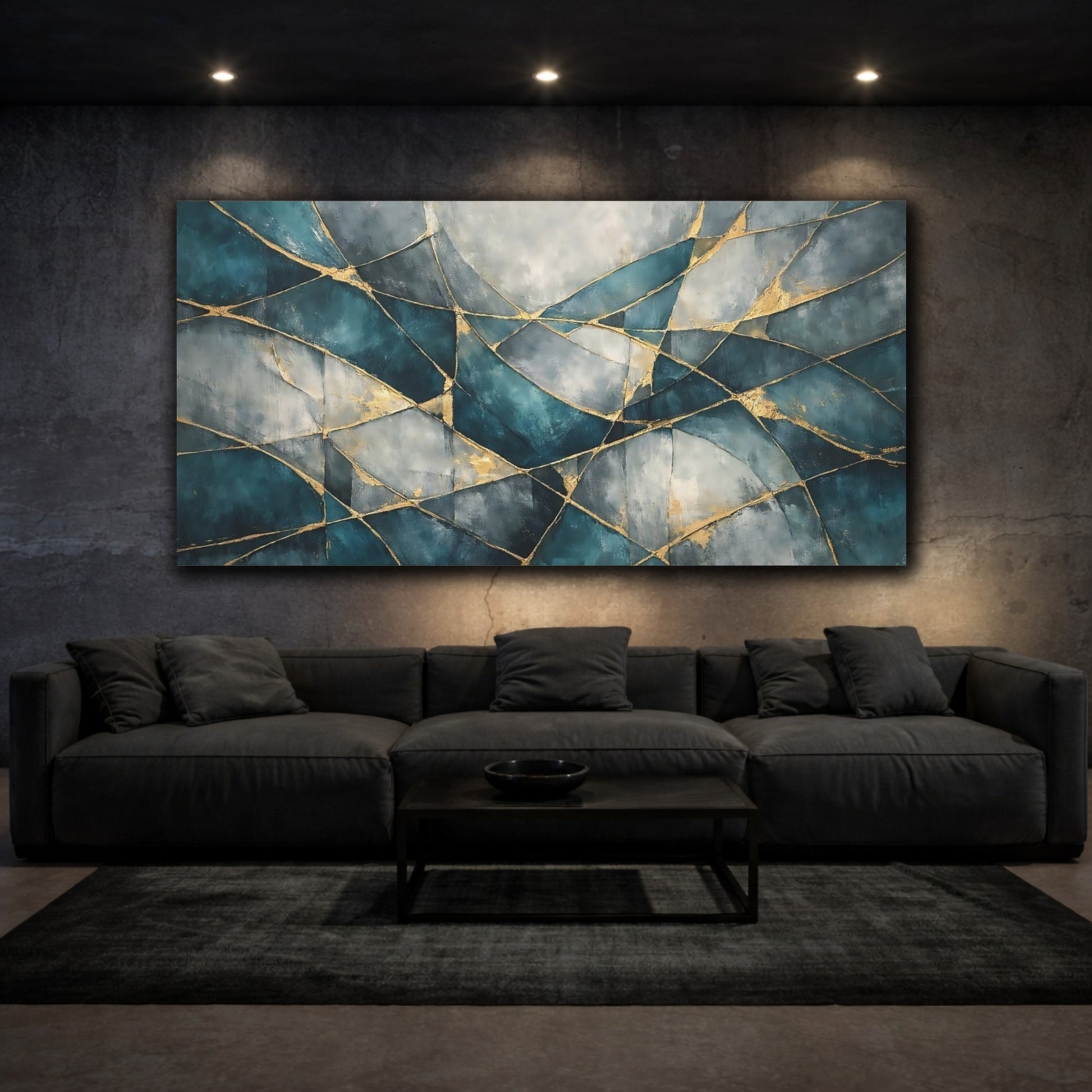 Mockup 2. Abstract Abstract Pattern Teal Gold Abstract shown as stretched canvas wall art