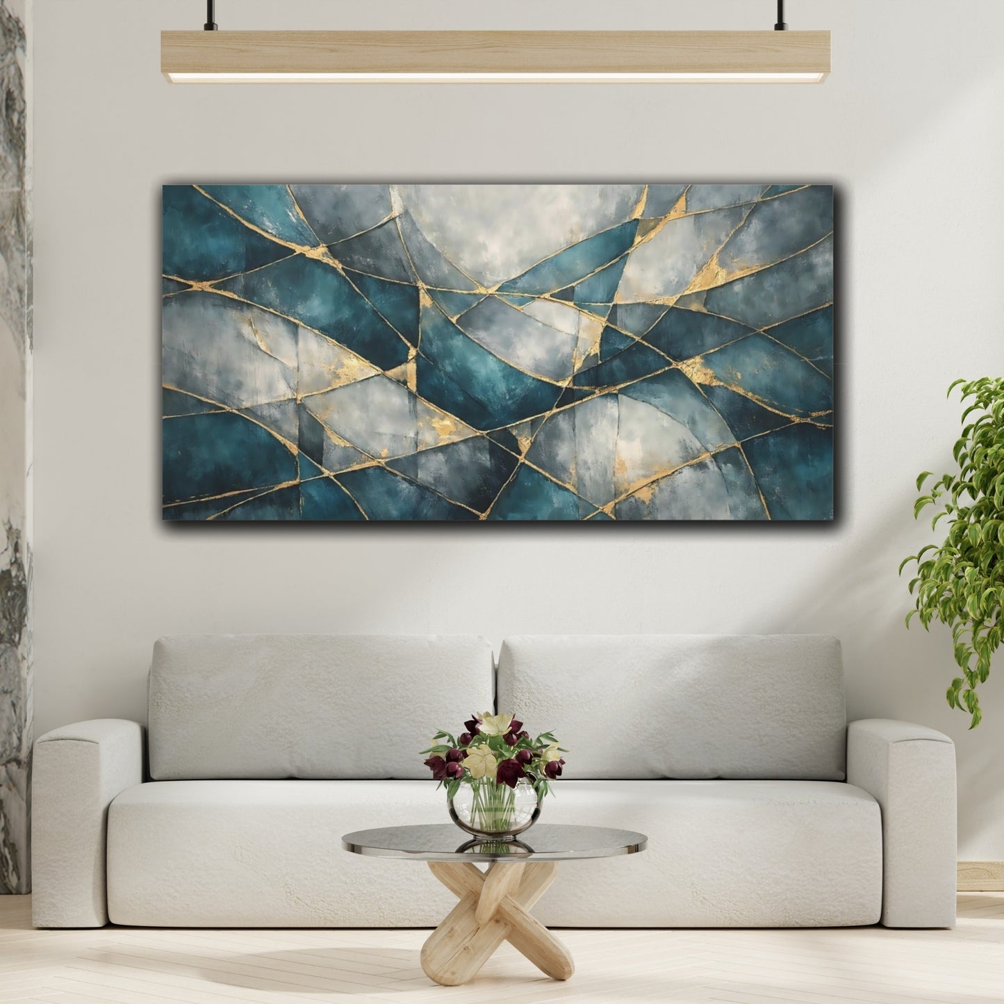 Mockup 3. Abstract Abstract Pattern Teal Gold Abstract shown as stretched canvas wall art