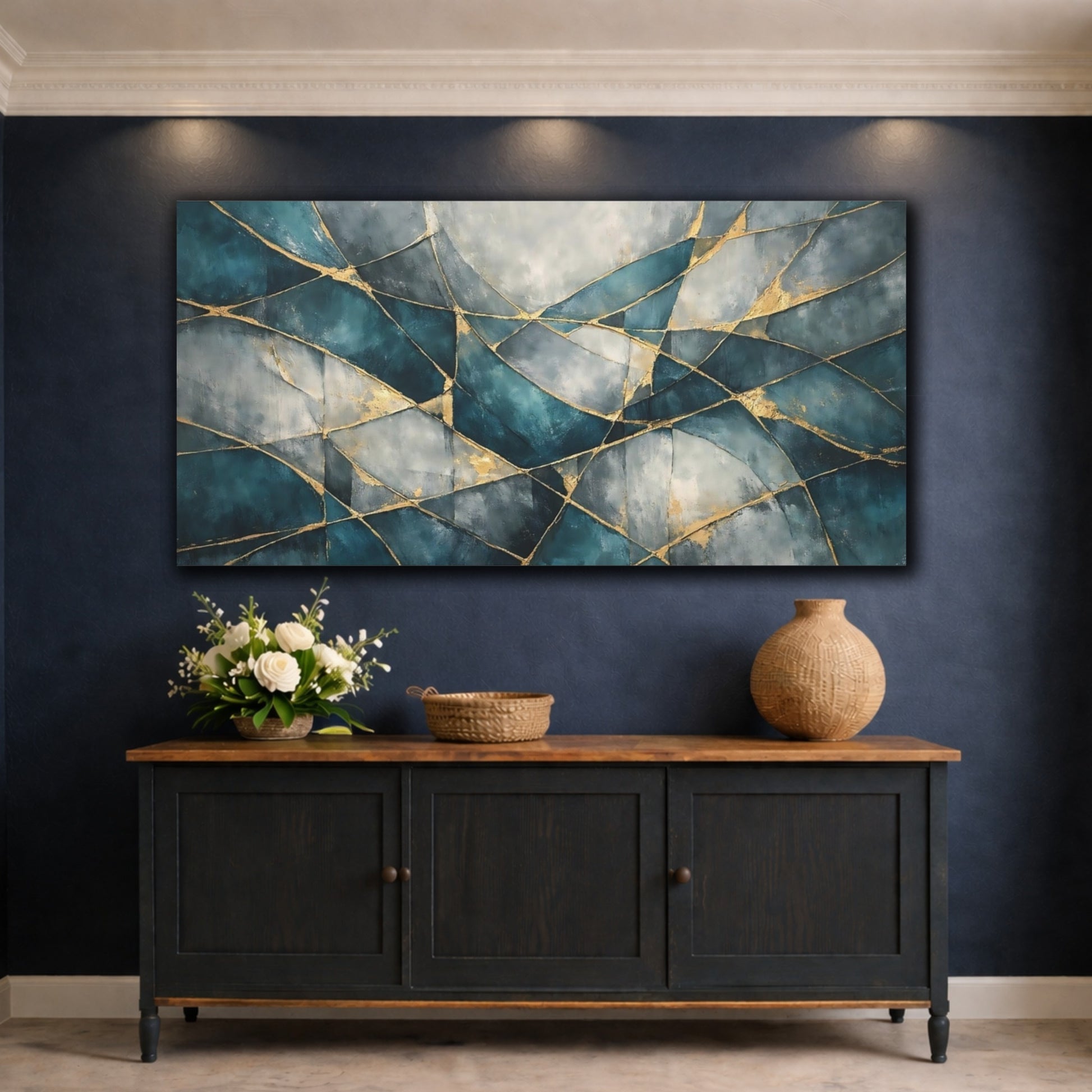 Mockup 4. Abstract Abstract Pattern Teal Gold Abstract shown as stretched canvas wall art
