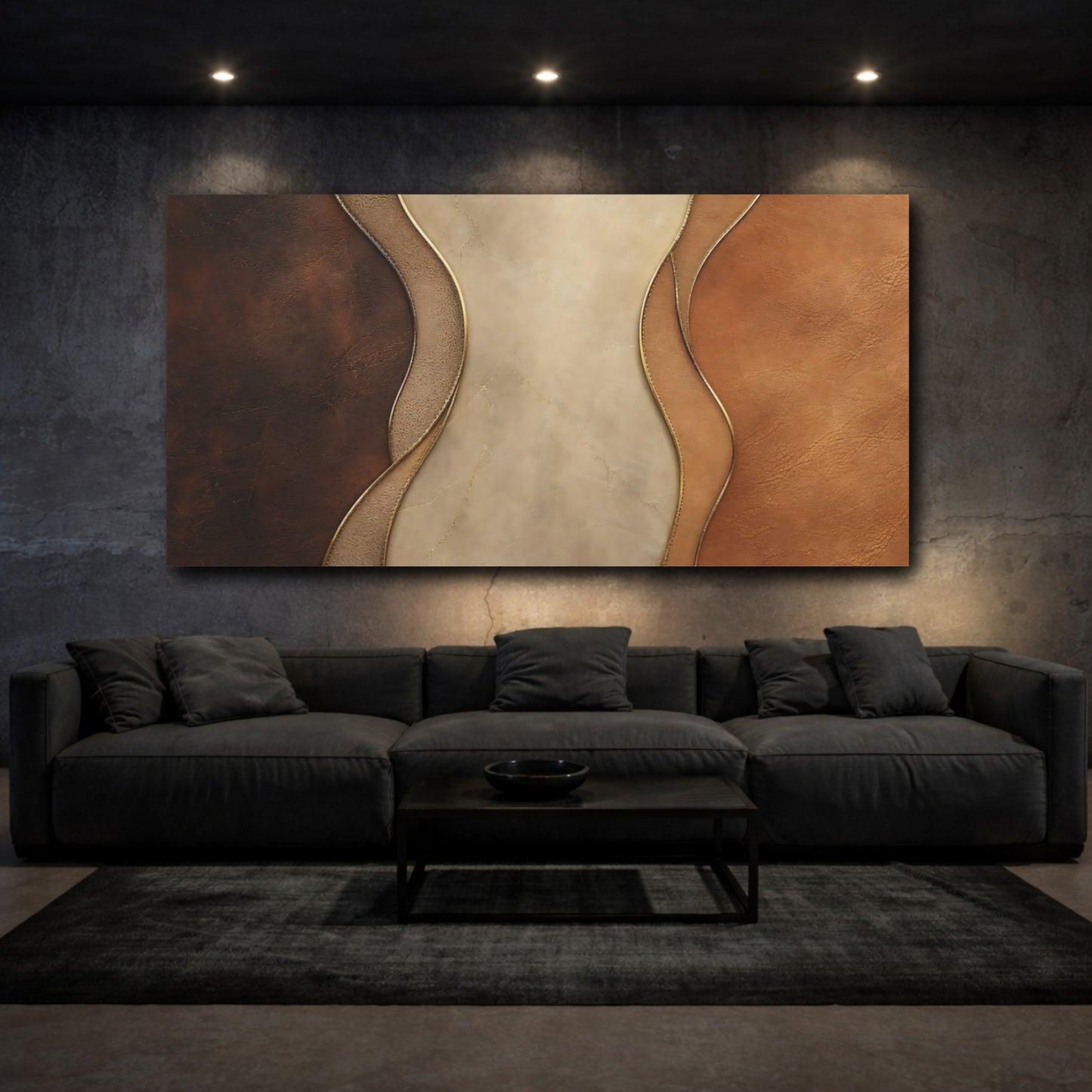 Mockup 2. Abstract Abstract Patterns Brown And Gold shown as stretched canvas wall art
