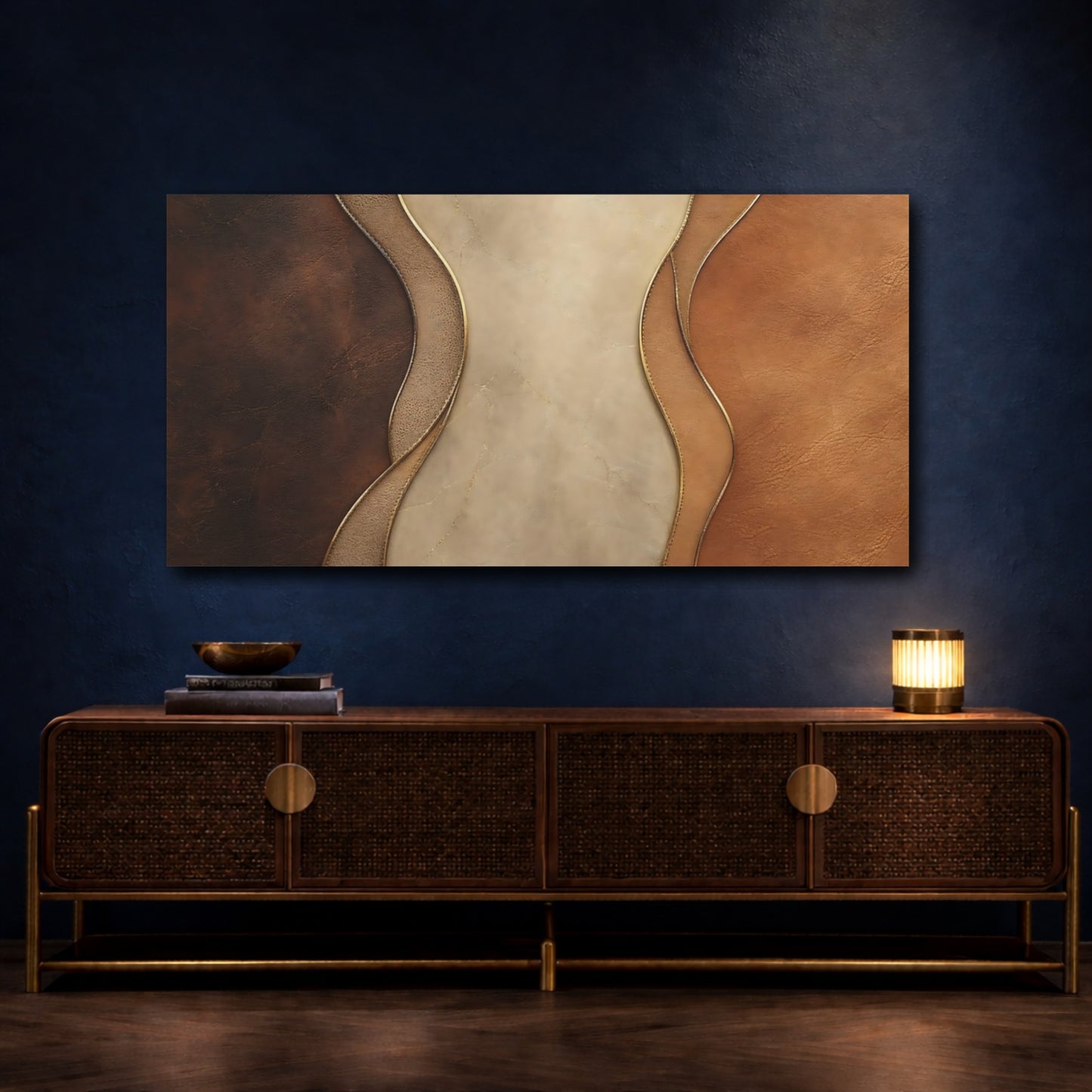 Mockup 4. Abstract Abstract Patterns Brown And Gold shown as stretched canvas wall art