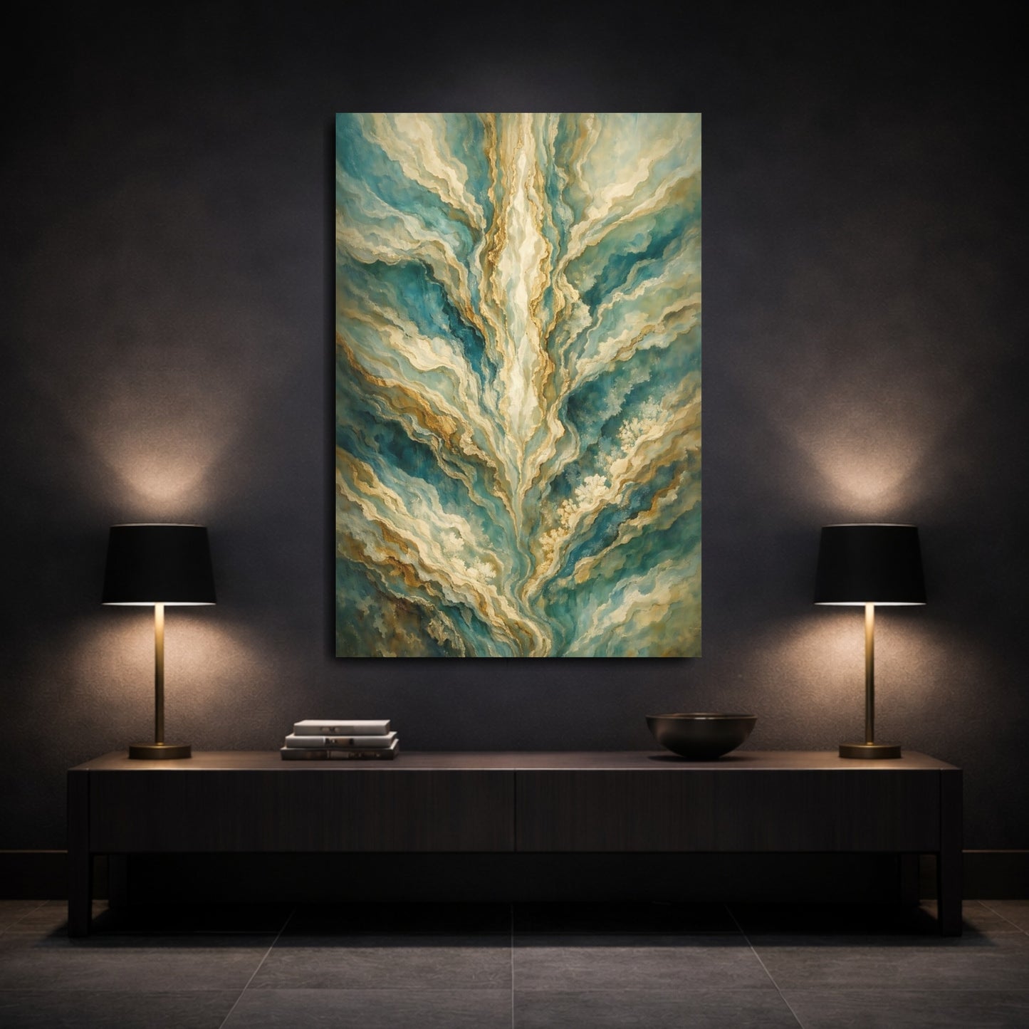 Mockup 2. Abstract Abstract Patterns Teal Gold Abstract shown as stretched canvas wall art
