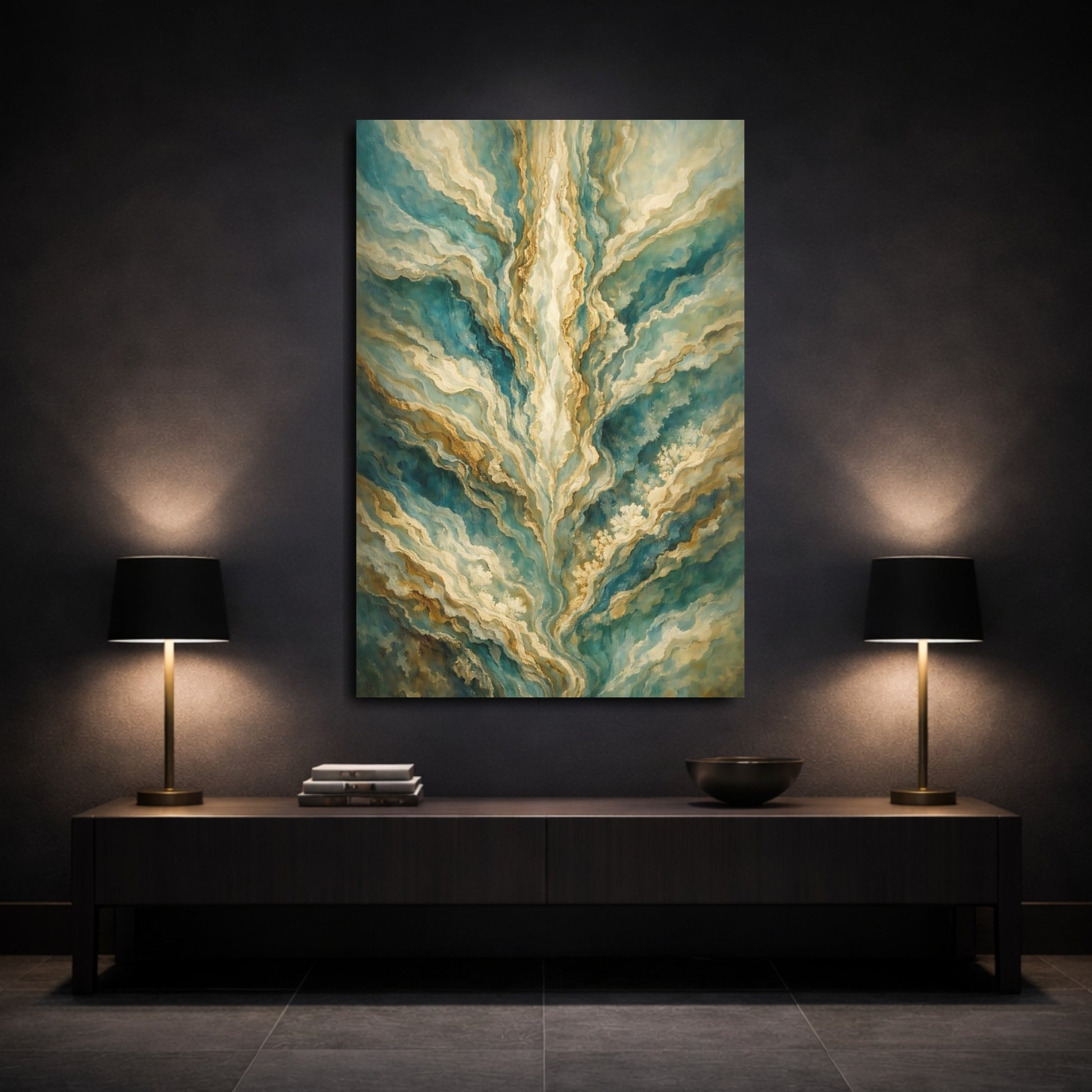 Mockup 2. Abstract Abstract Patterns Teal Gold Abstract shown as stretched canvas wall art