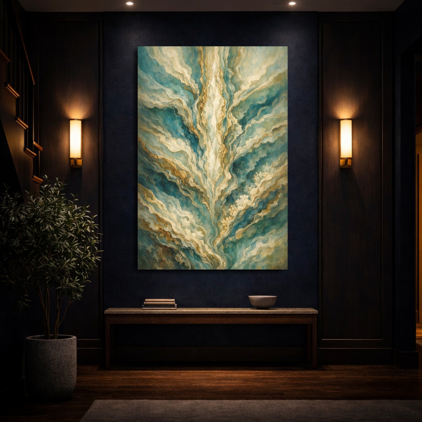 Mockup 3. Abstract Abstract Patterns Teal Gold Abstract shown as stretched canvas wall art