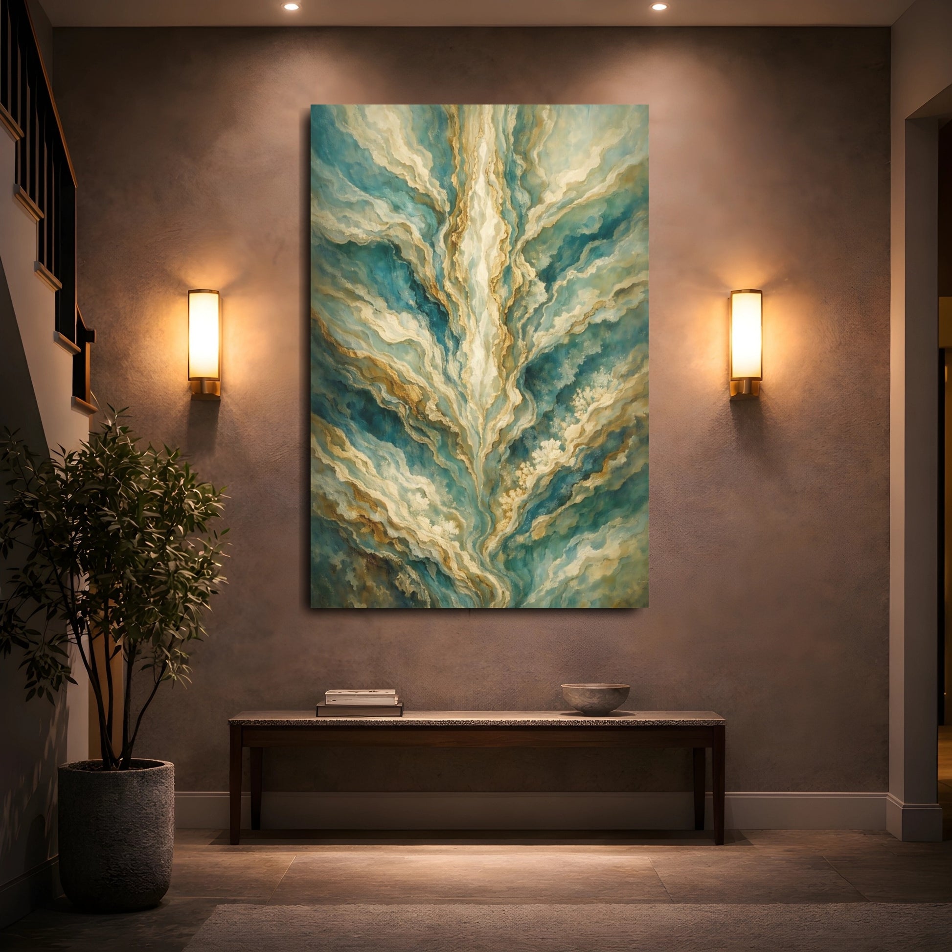 Mockup 4. Abstract Abstract Patterns Teal Gold Abstract shown as stretched canvas wall art
