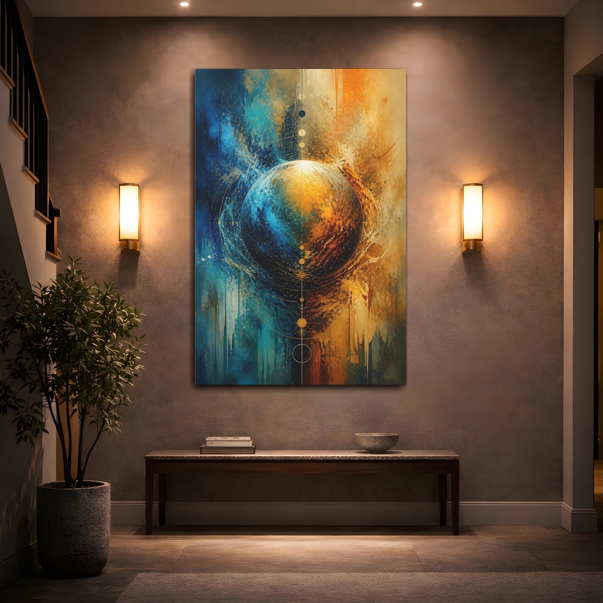 Mockup 2. Abstract Abstract Planet Blue And Gold shown as stretched canvas wall art