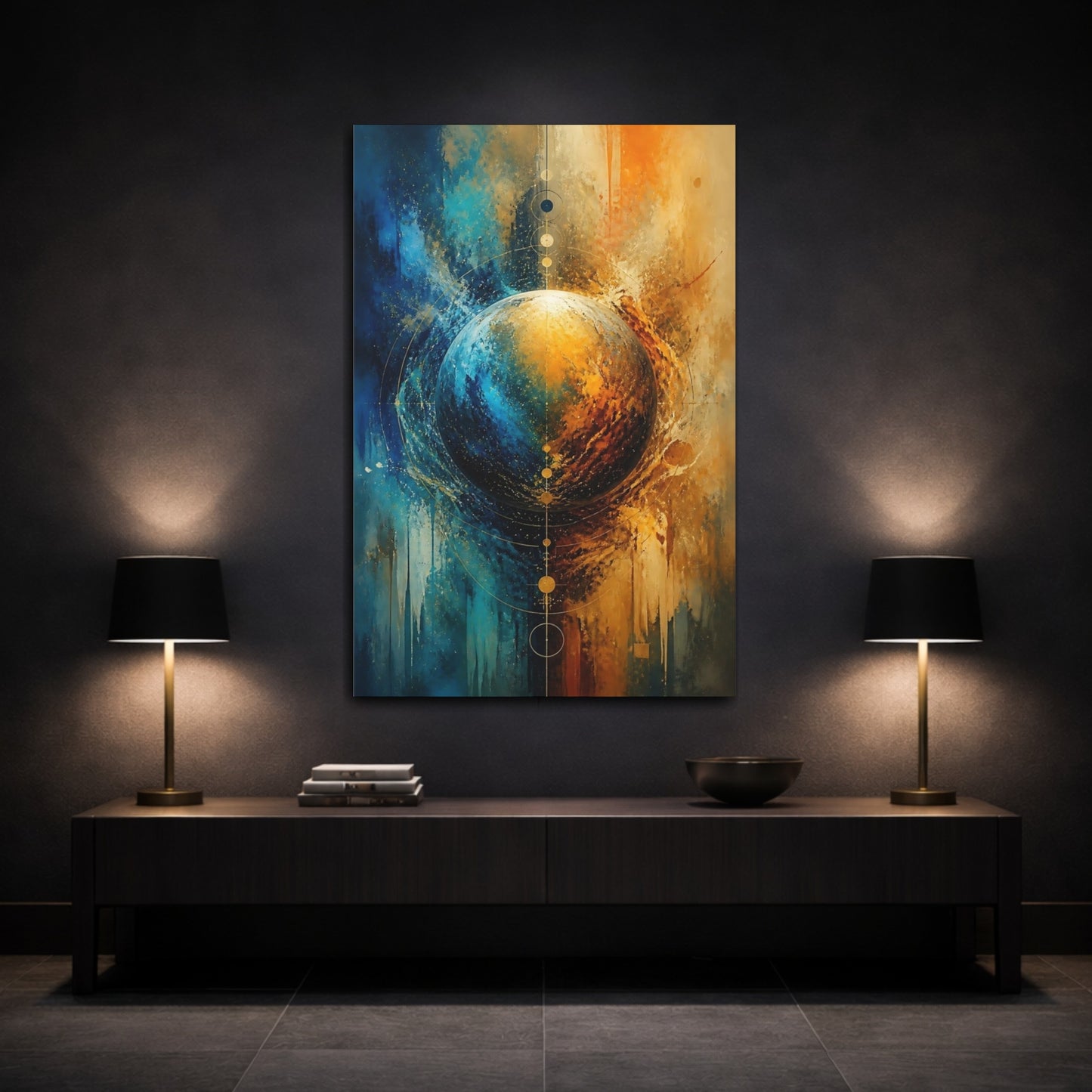 Mockup 3. Abstract Abstract Planet Blue And Gold shown as stretched canvas wall art