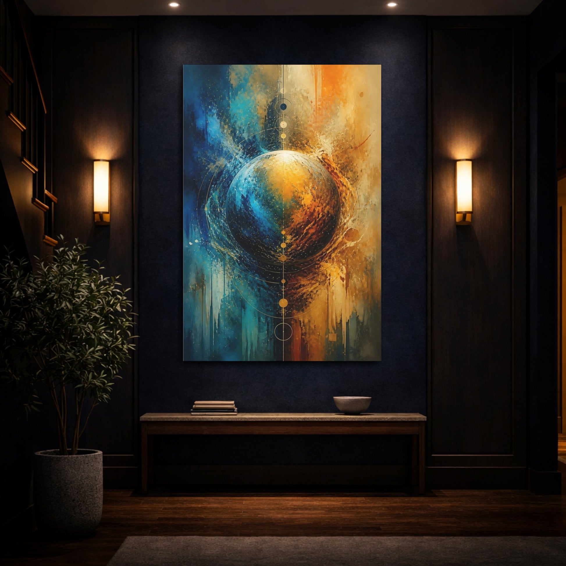 Mockup 4. Abstract Abstract Planet Blue And Gold shown as stretched canvas wall art