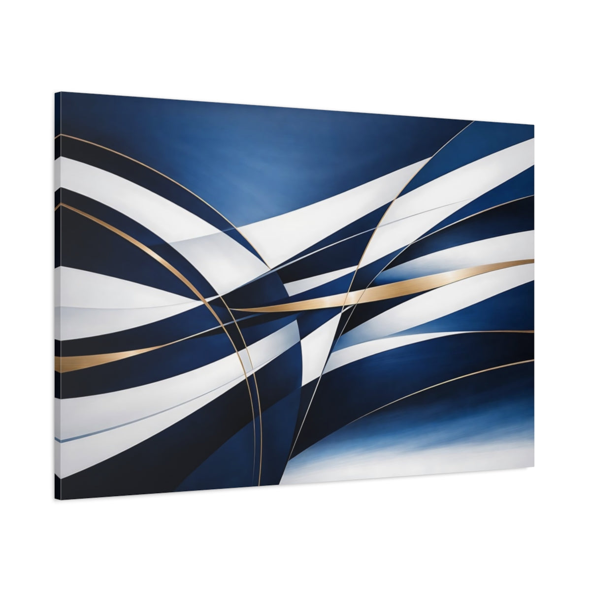 Main Mockup. Abstract Abstract Ribbons Blue And Gold Abstract shown as stretched canvas wall art