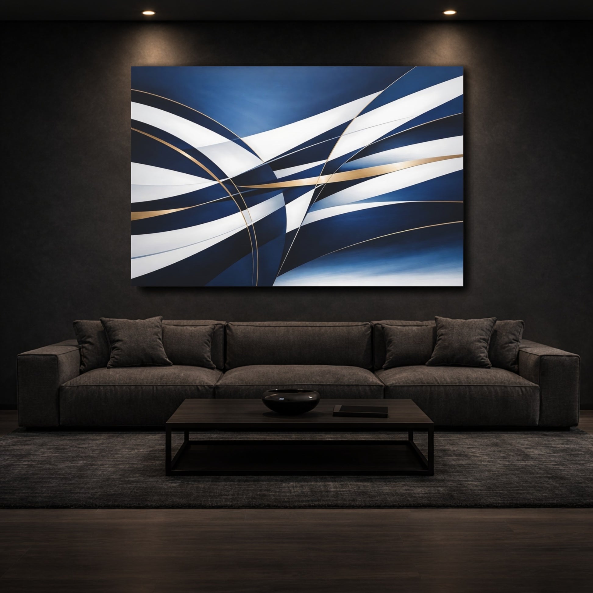 Mockup 2. Abstract Abstract Ribbons Blue And Gold Abstract shown as stretched canvas wall art