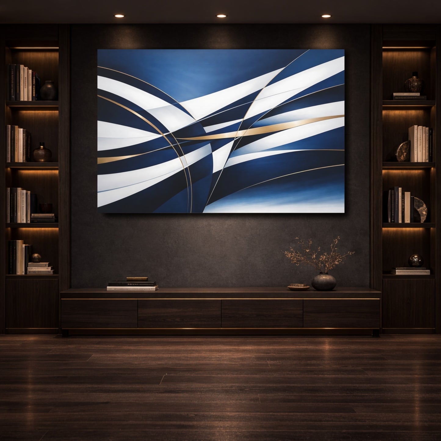 Mockup 3. Abstract Abstract Ribbons Blue And Gold Abstract shown as stretched canvas wall art