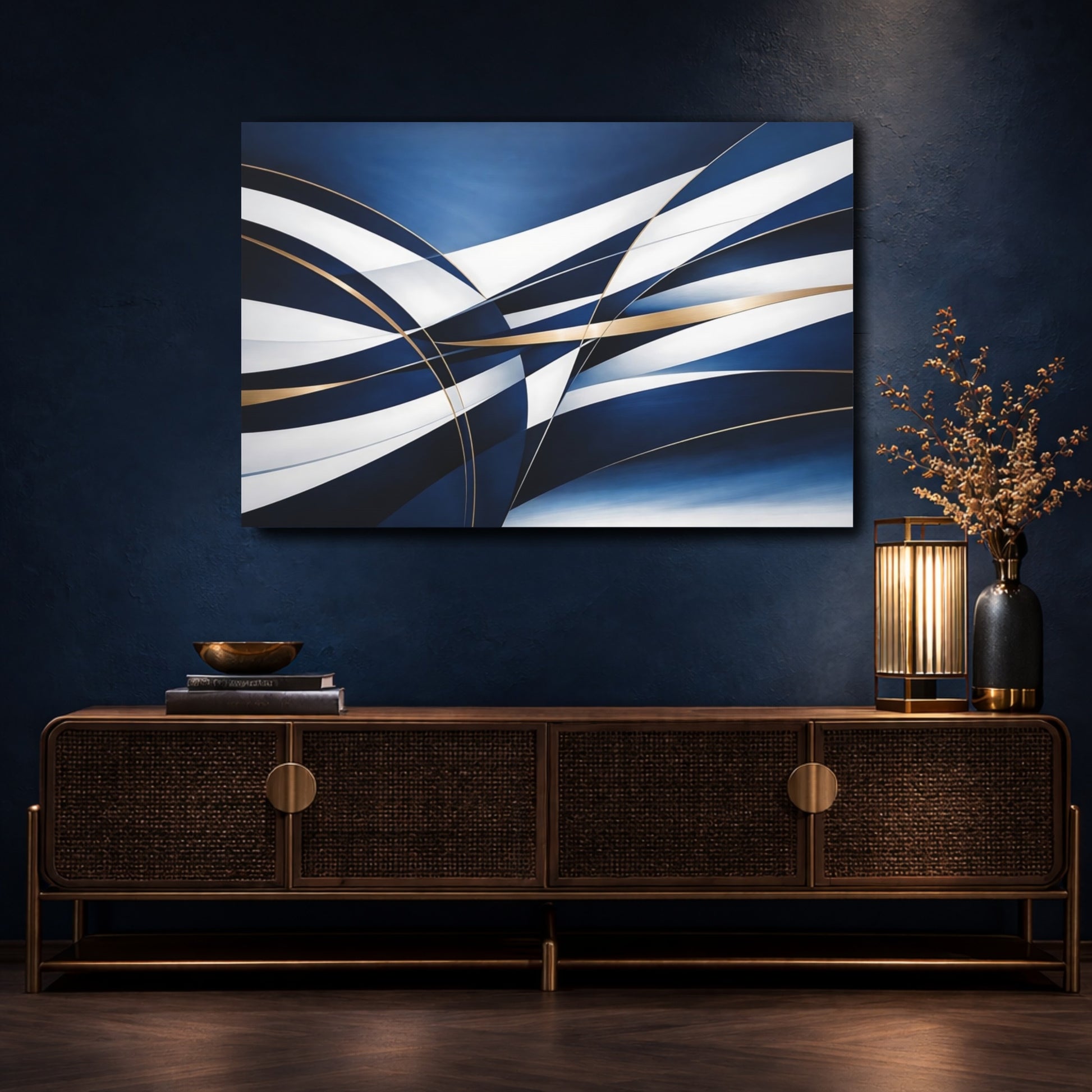 Mockup 4. Abstract Abstract Ribbons Blue And Gold Abstract shown as stretched canvas wall art