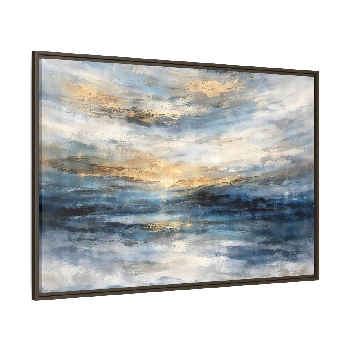 Main Mockup. Abstract Abstract Seascape Blue And Gold Abstract shown as stretched canvas wall art