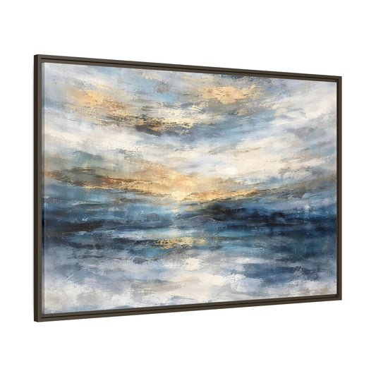 Main Mockup. Abstract Abstract Seascape Blue And Gold Abstract shown as stretched canvas wall art