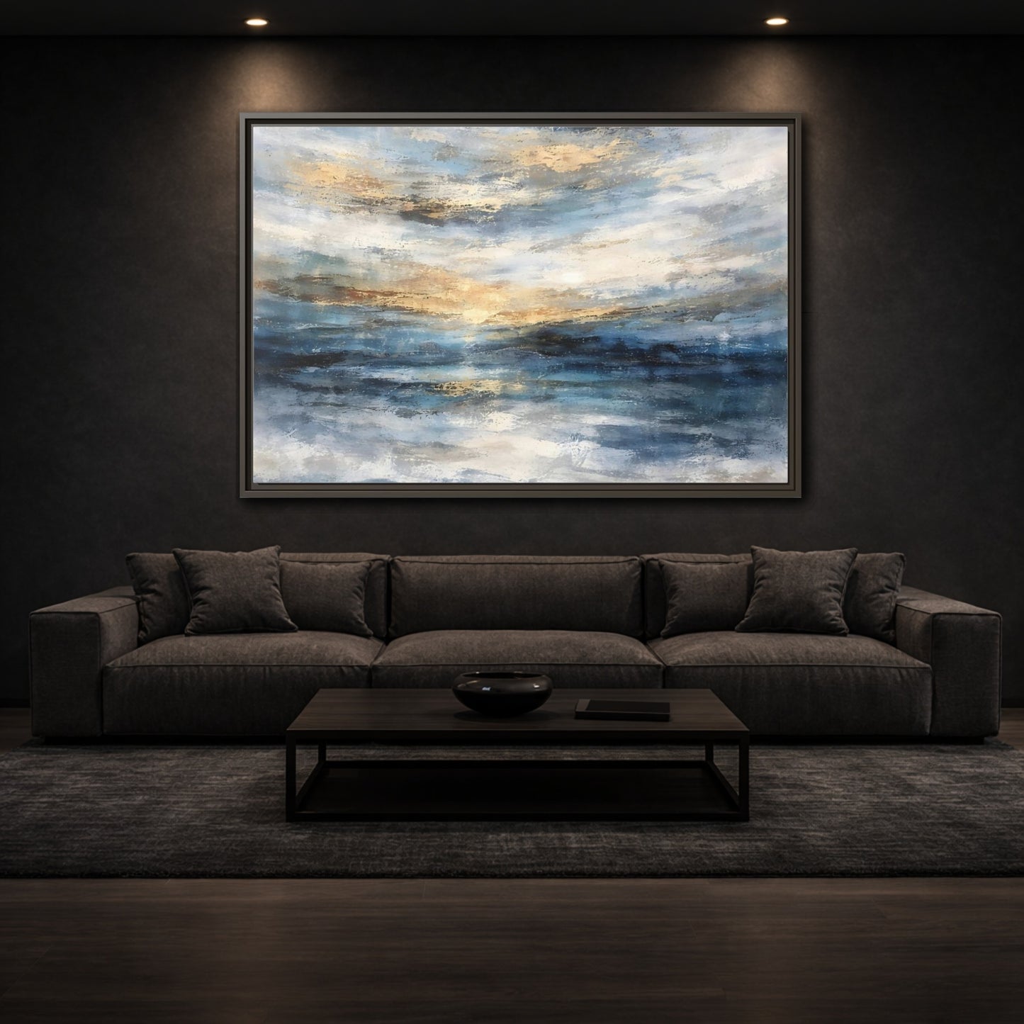 Mockup 2. Abstract Abstract Seascape Blue And Gold Abstract shown as stretched canvas wall art