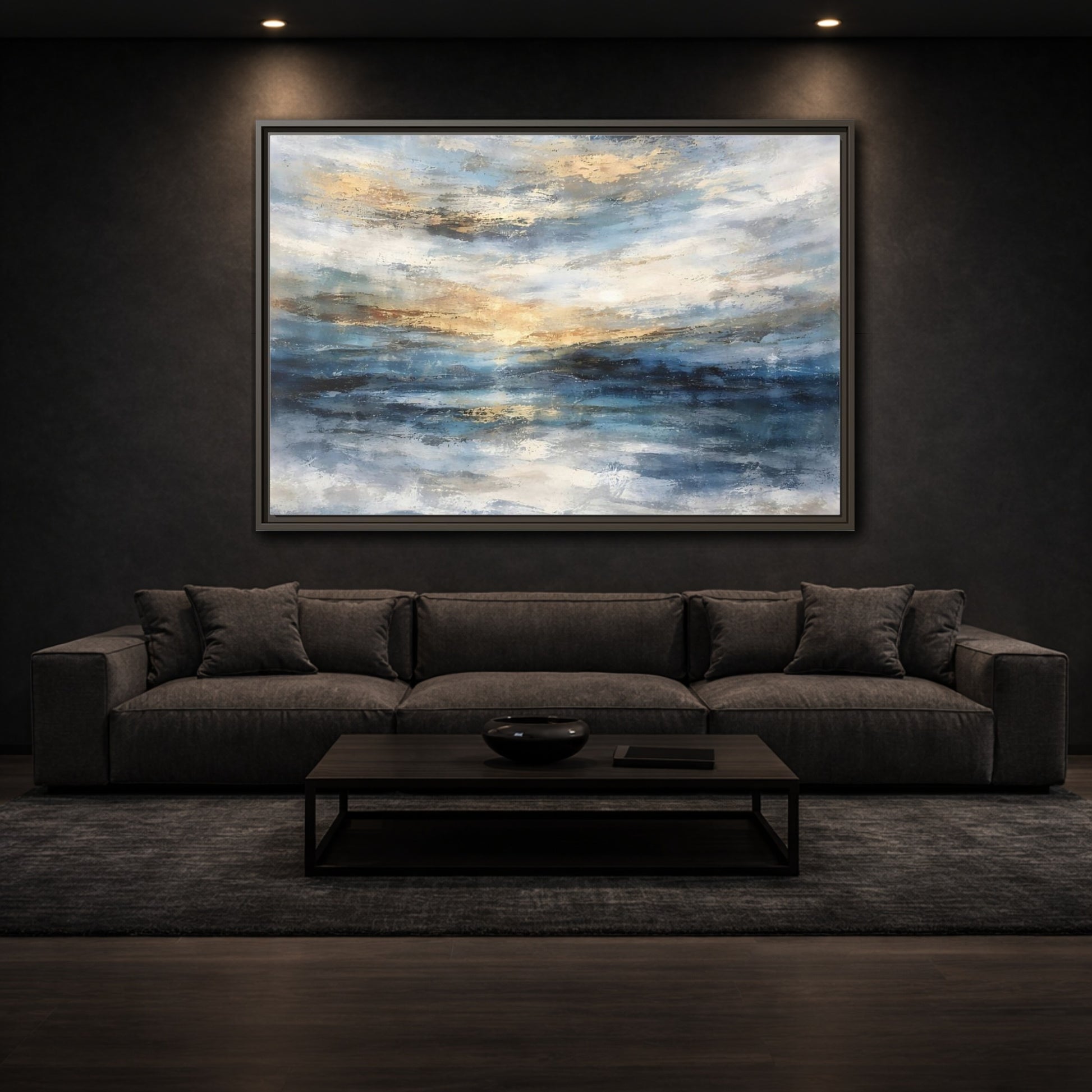 Mockup 2. Abstract Abstract Seascape Blue And Gold Abstract shown as stretched canvas wall art