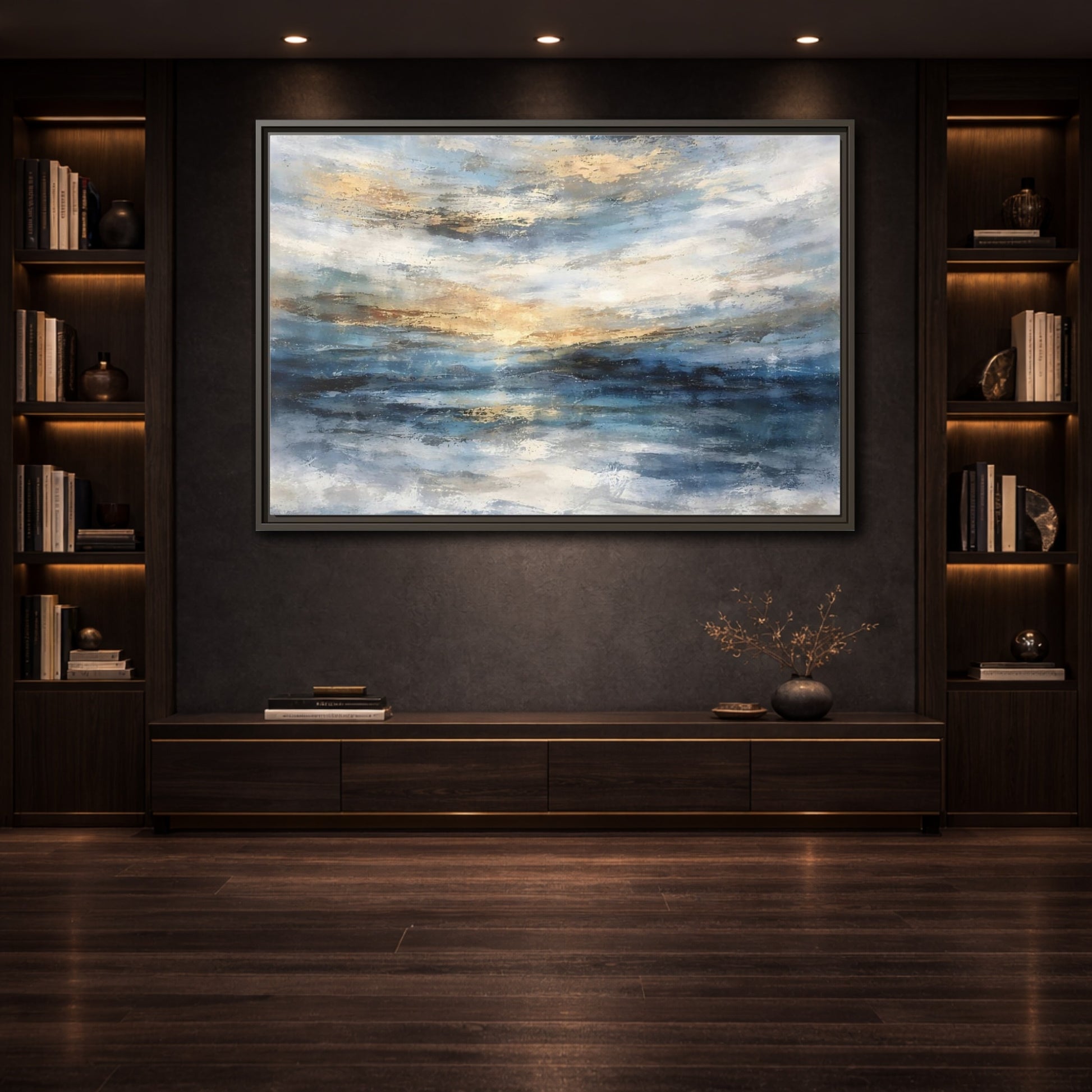 Mockup 3. Abstract Abstract Seascape Blue And Gold Abstract shown as stretched canvas wall art
