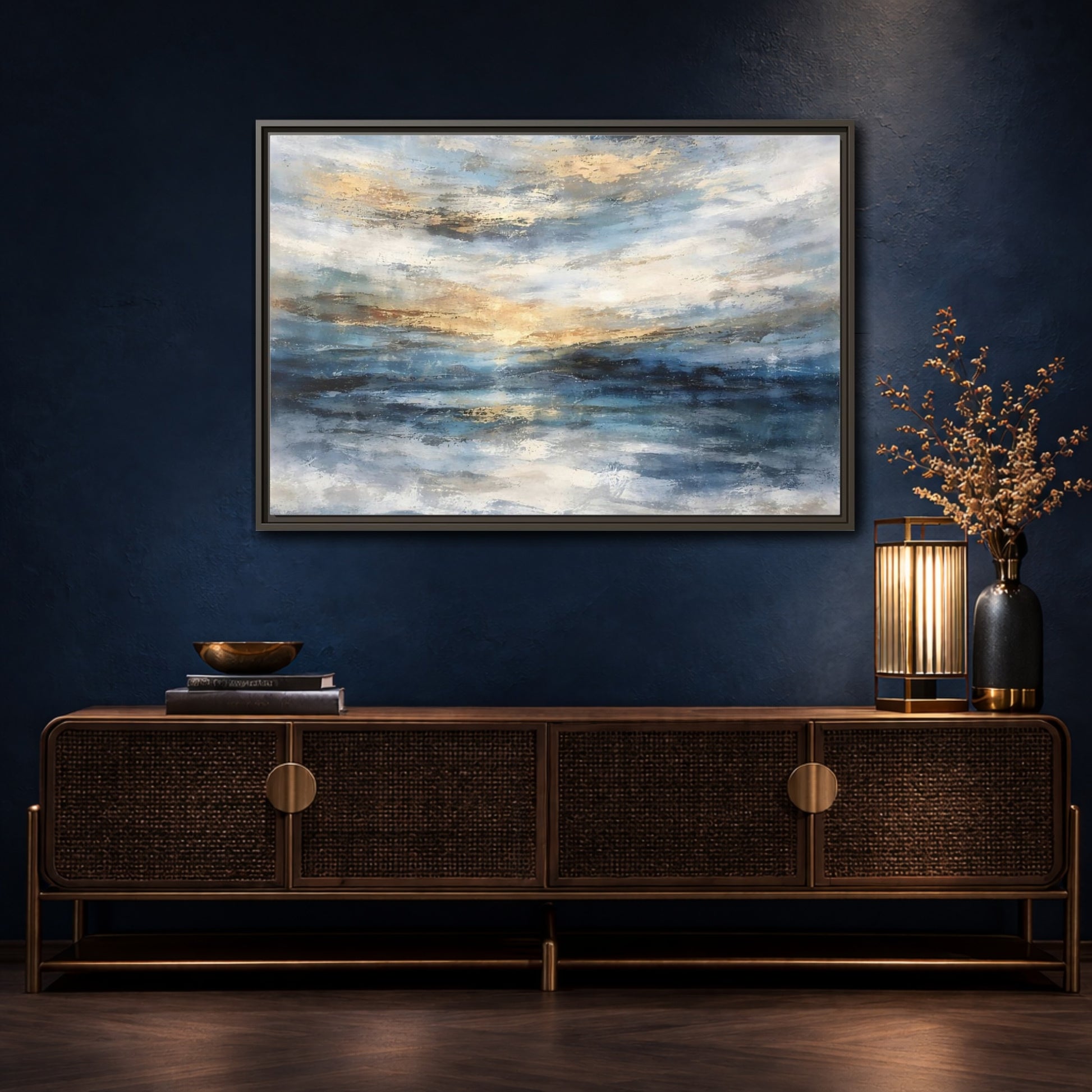 Mockup 4. Abstract Abstract Seascape Blue And Gold Abstract shown as stretched canvas wall art