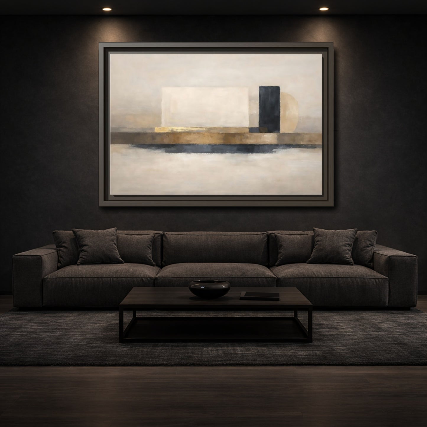 Mockup 2. Abstract Abstract Shapes Abstract Gold Black shown as stretched canvas wall art