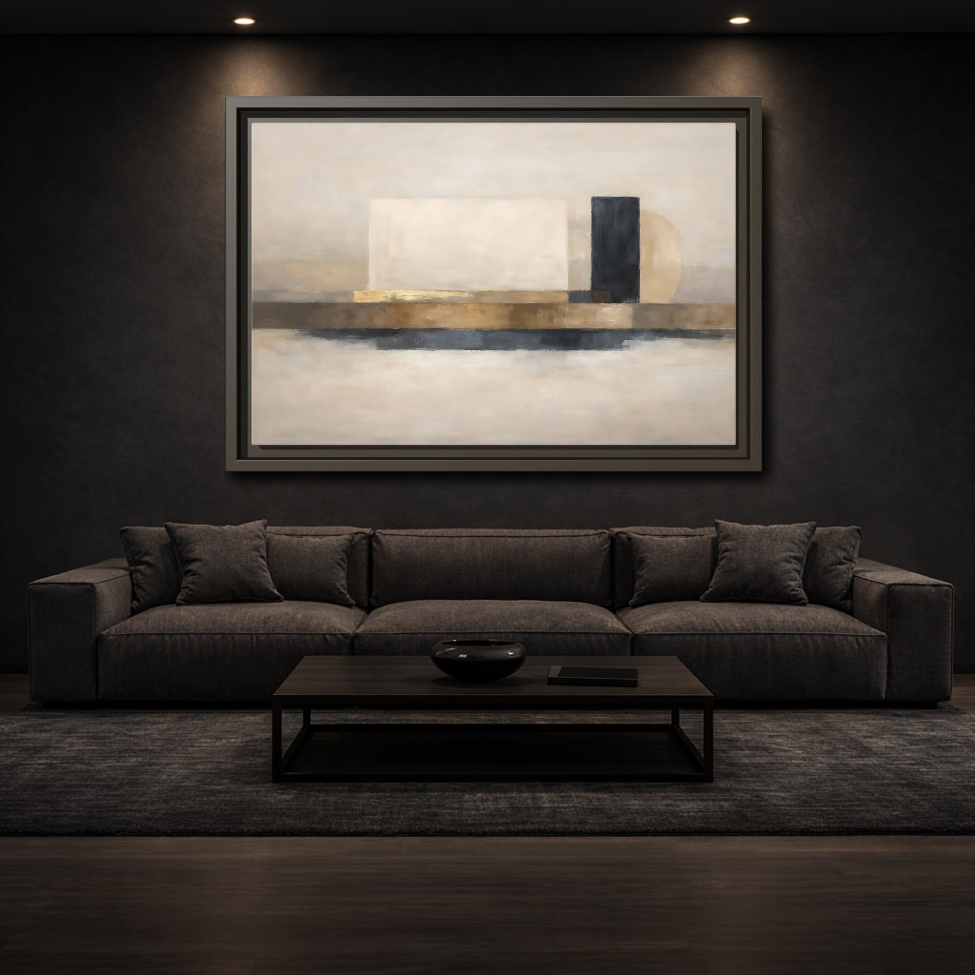 Mockup 2. Abstract Abstract Shapes Abstract Gold Black shown as stretched canvas wall art