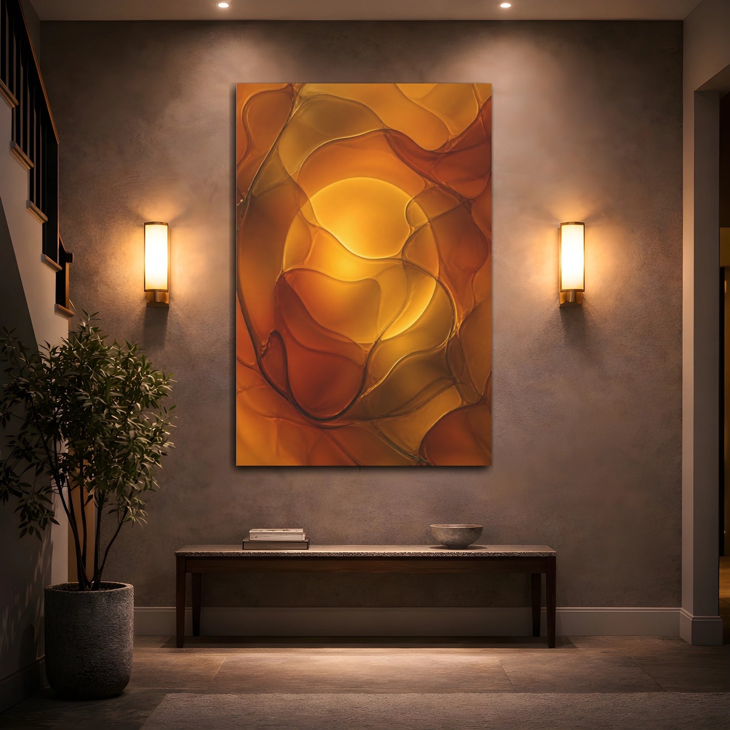 Mockup 2. Abstract Abstract Shapes Amber And Orange shown as stretched canvas wall art