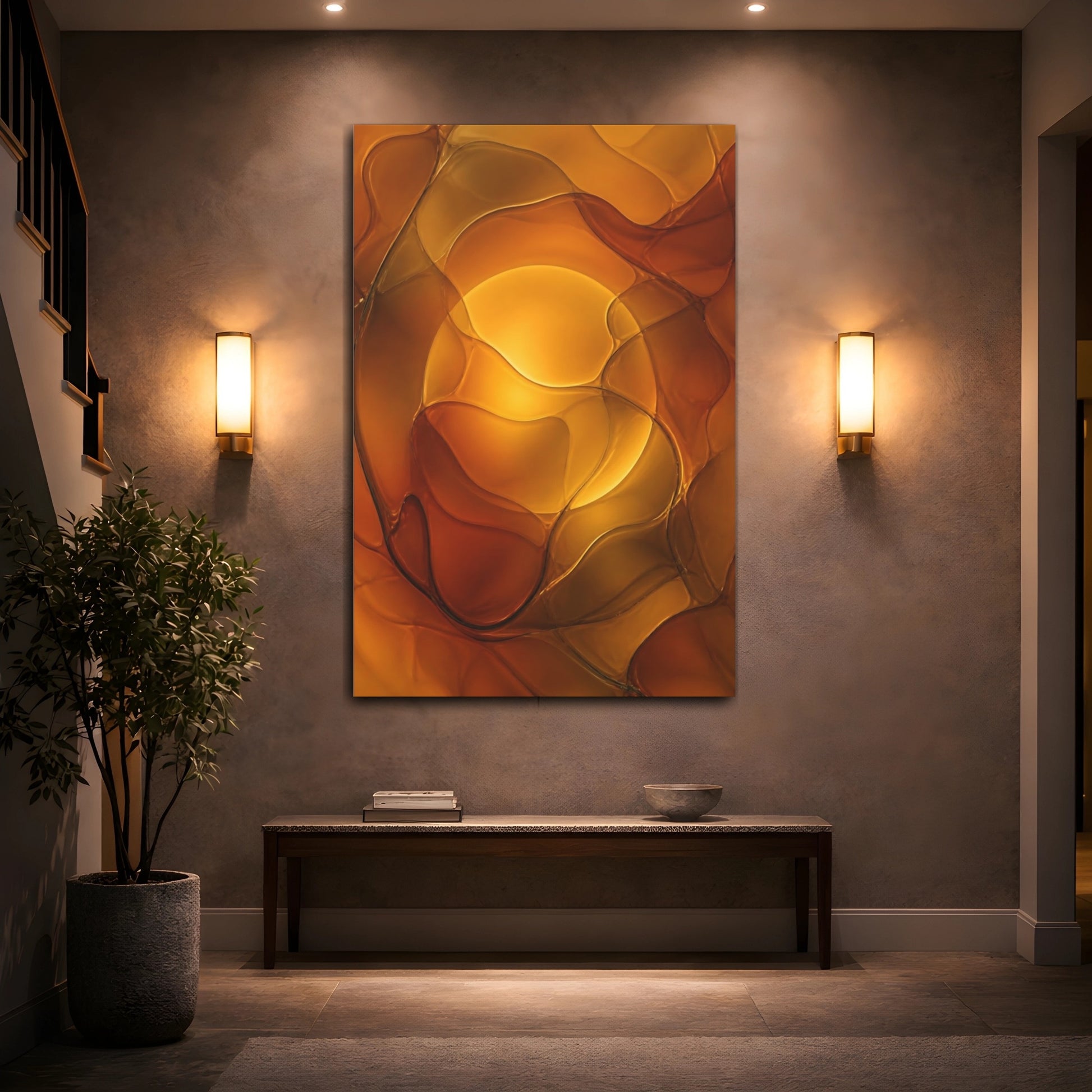 Mockup 2. Abstract Abstract Shapes Amber And Orange shown as stretched canvas wall art