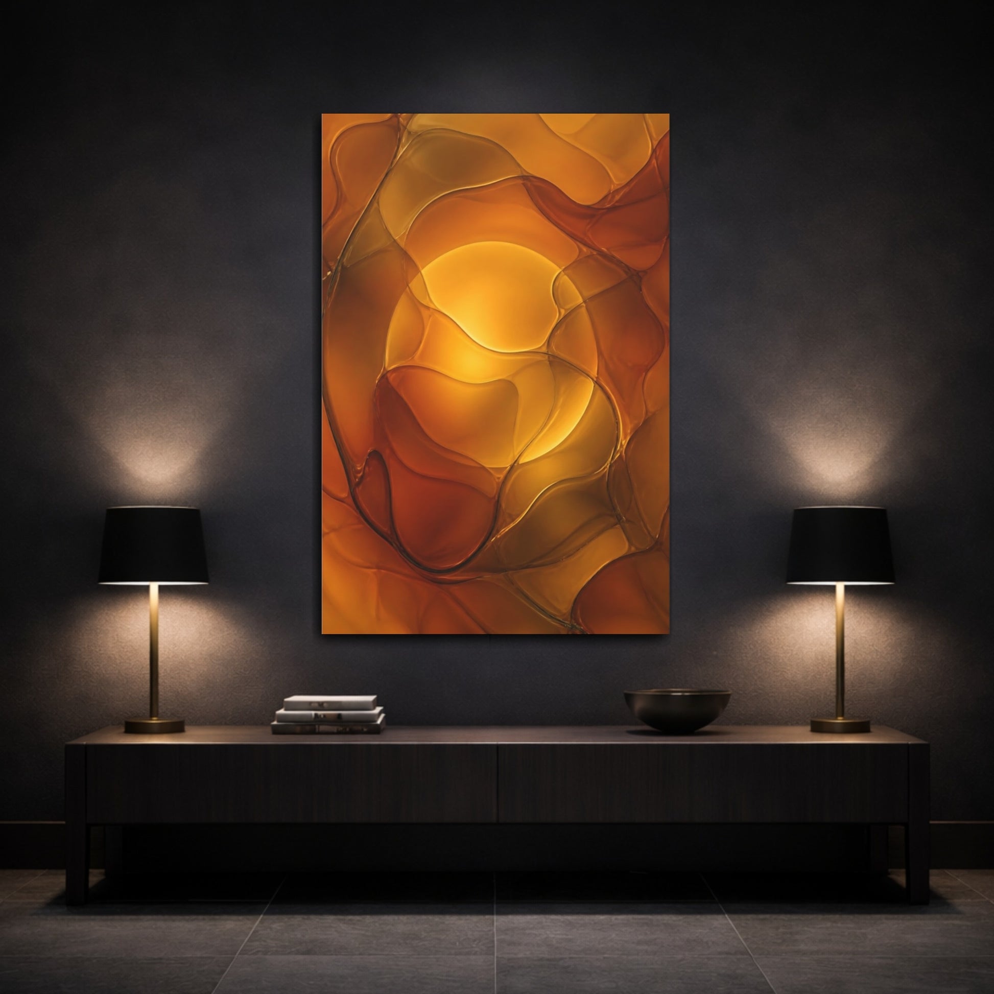 Mockup 3. Abstract Abstract Shapes Amber And Orange shown as stretched canvas wall art