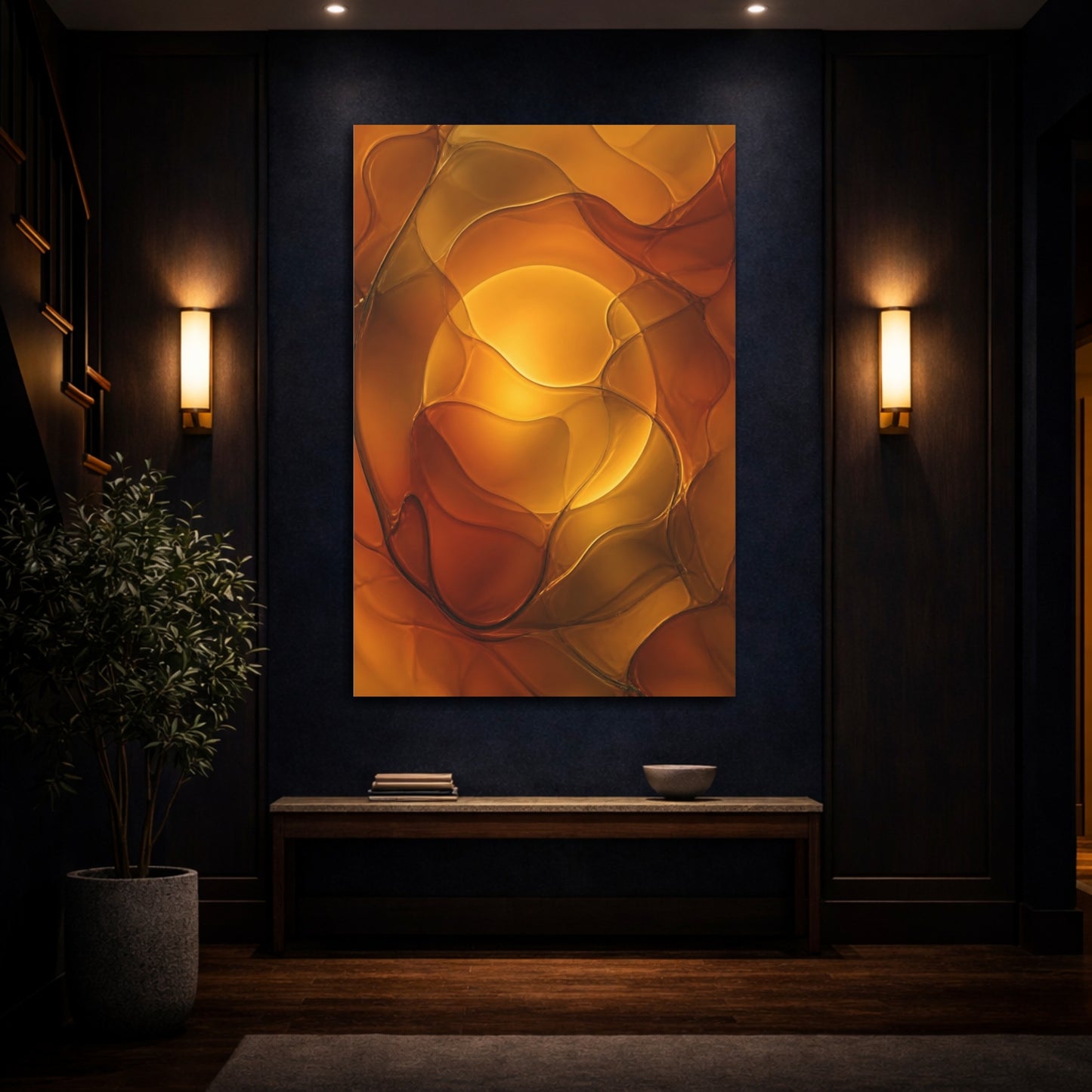 Mockup 4. Abstract Abstract Shapes Amber And Orange shown as stretched canvas wall art