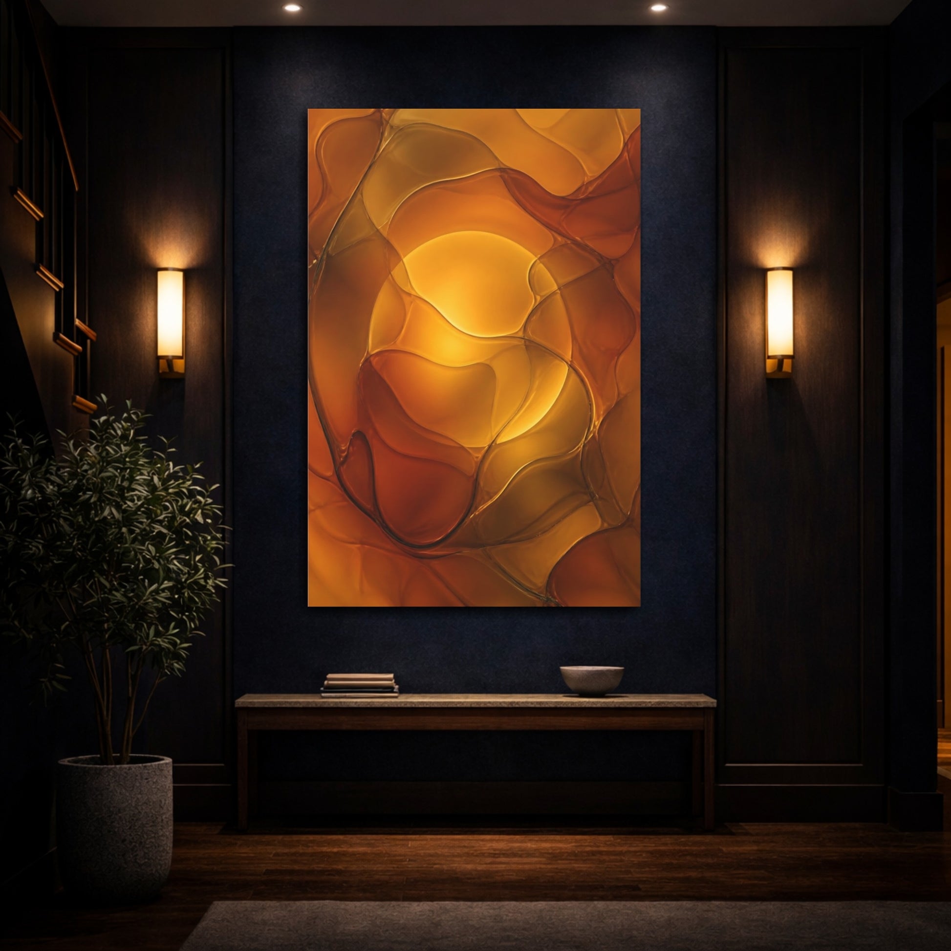 Mockup 4. Abstract Abstract Shapes Amber And Orange shown as stretched canvas wall art