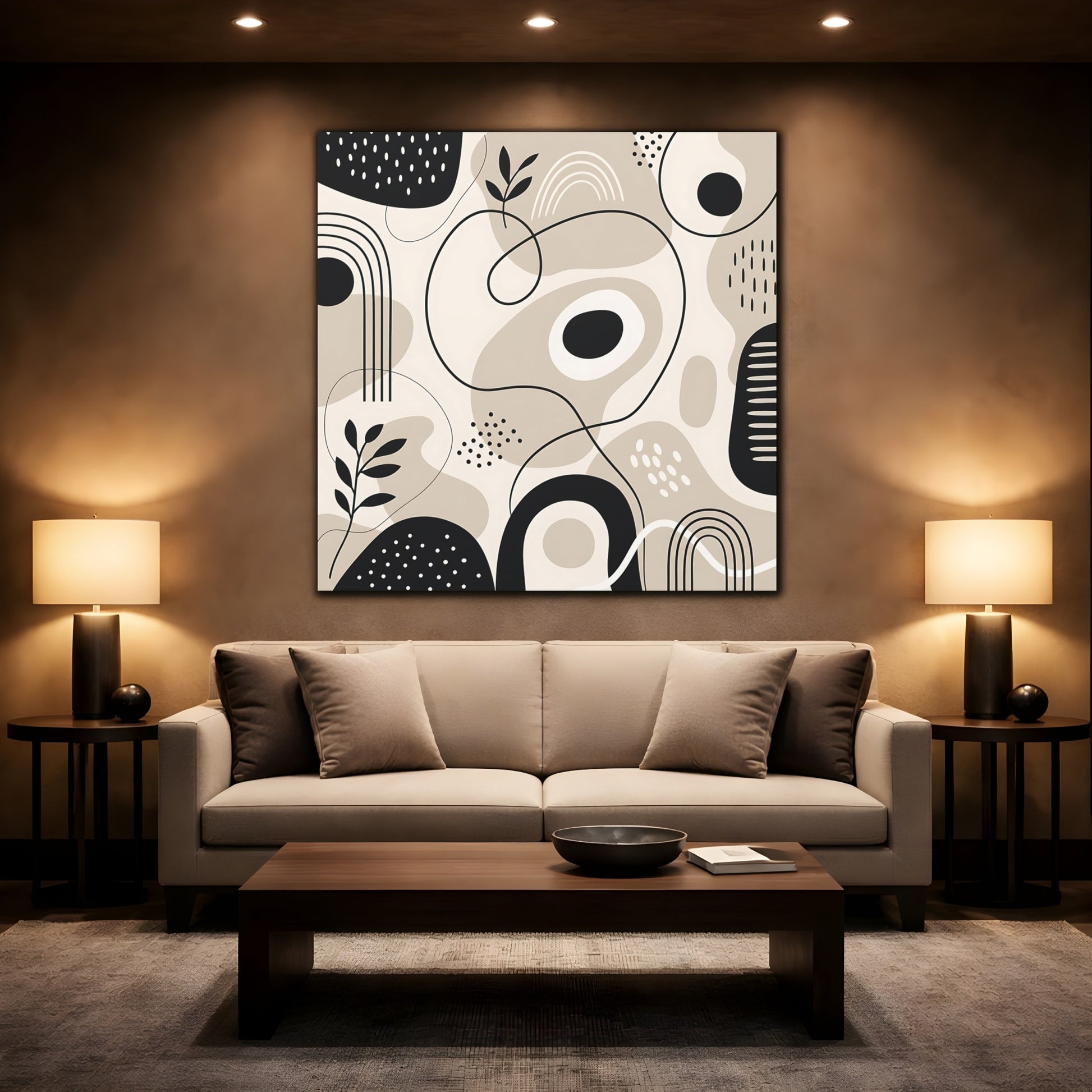 Mockup 2. Abstract Abstract Shapes Beige Black Abstract shown as canvas print