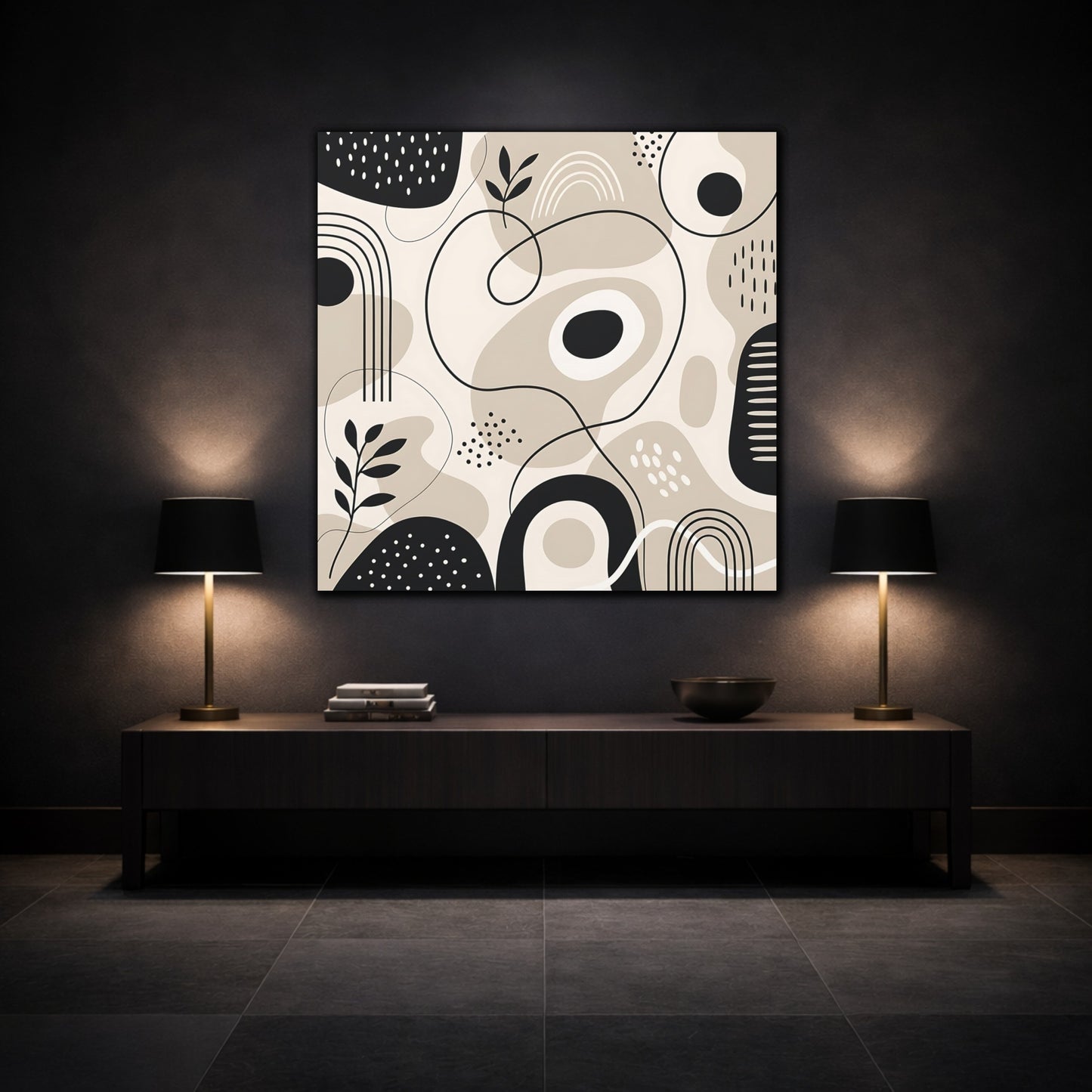 Mockup 3. Abstract Abstract Shapes Beige Black Abstract shown as canvas print