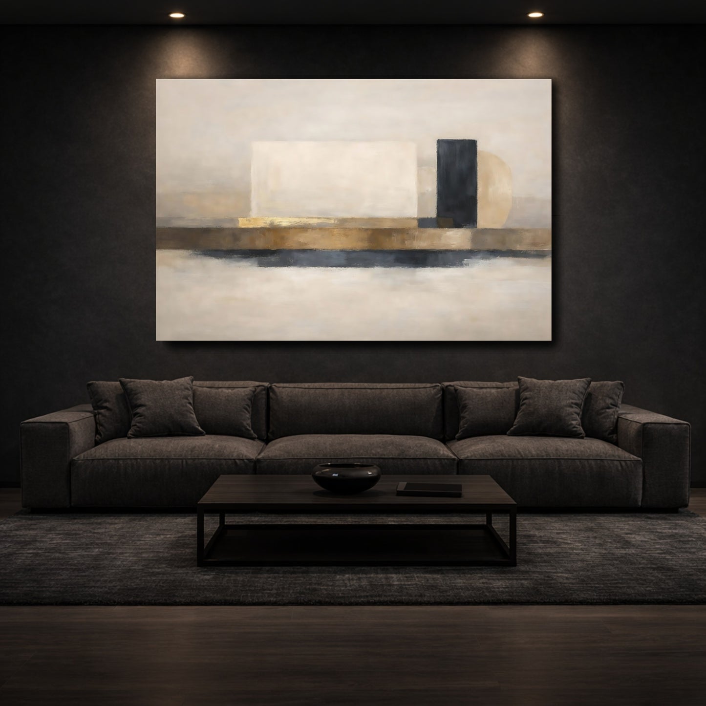 Mockup 2. Abstract Abstract Shapes Beige Gold Abstract shown as stretched canvas wall art