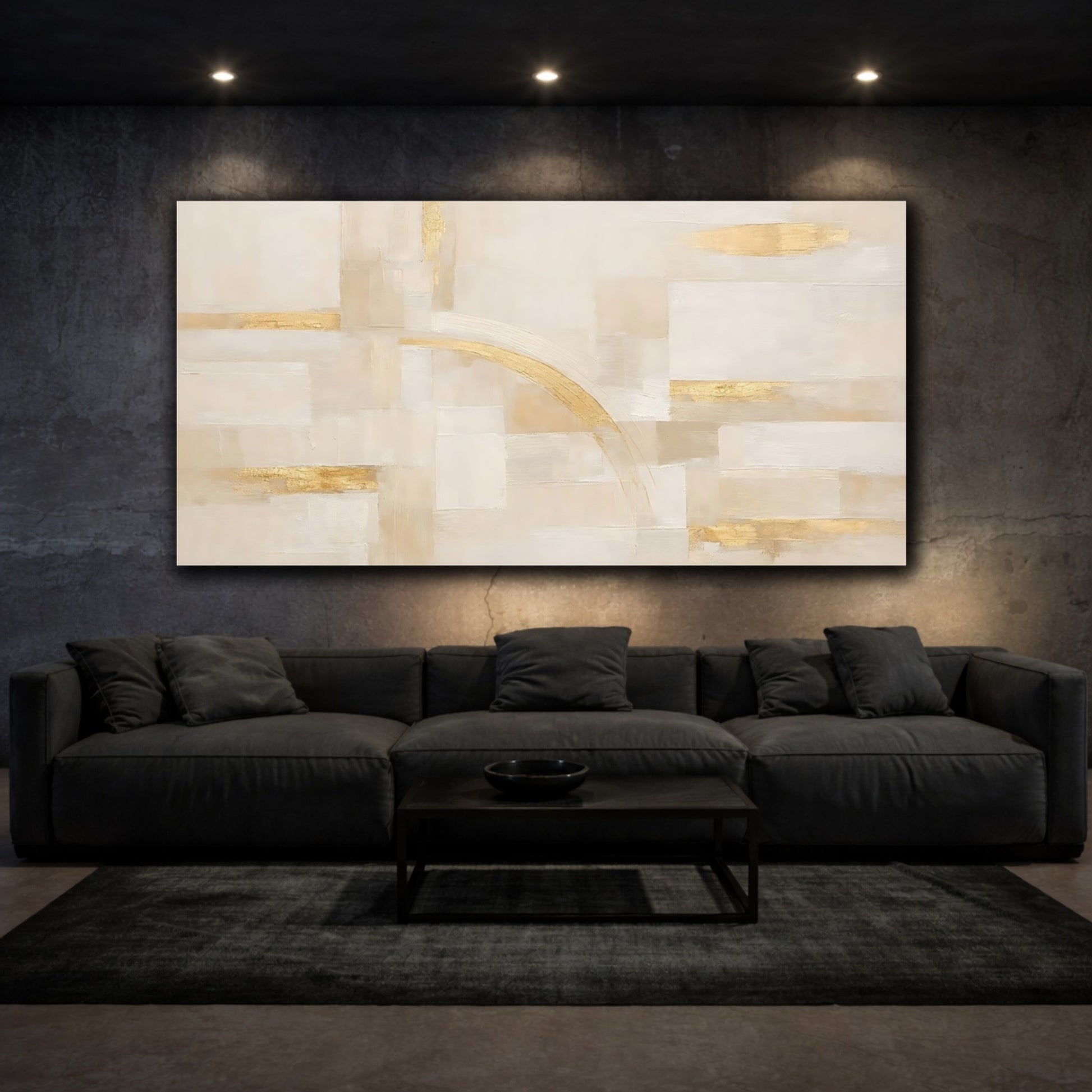 Mockup 2. Abstract Abstract Shapes Beige Gold Abstract shown as stretched canvas wall art