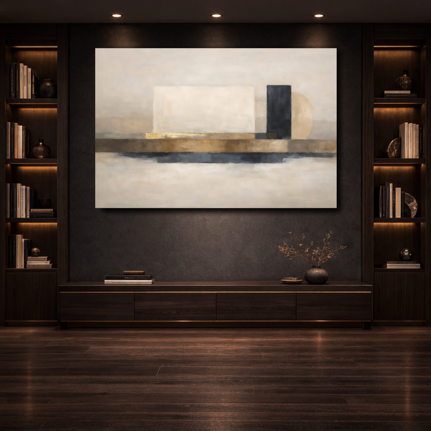 Mockup 3. Abstract Abstract Shapes Beige Gold Abstract shown as stretched canvas wall art