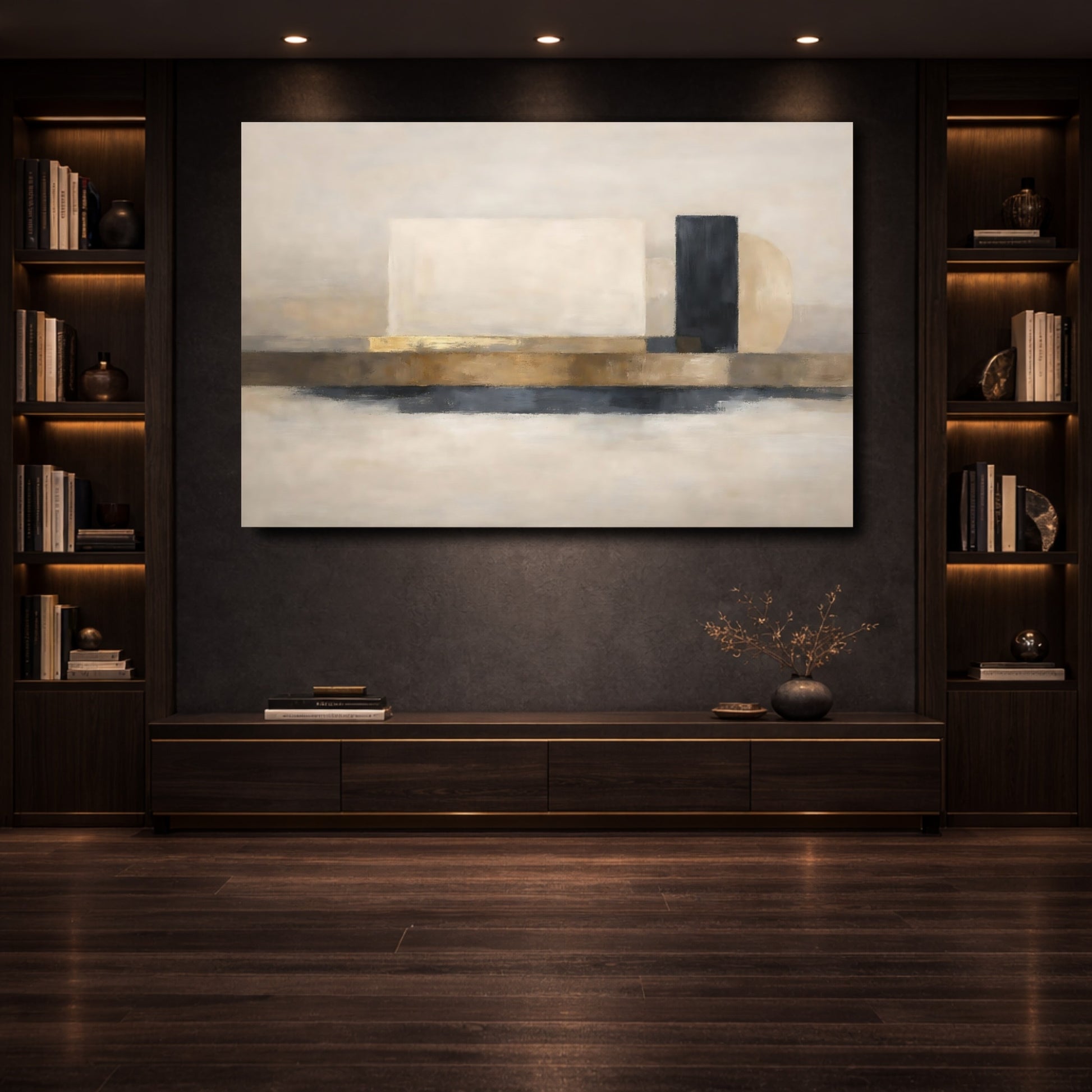 Mockup 3. Abstract Abstract Shapes Beige Gold Abstract shown as stretched canvas wall art