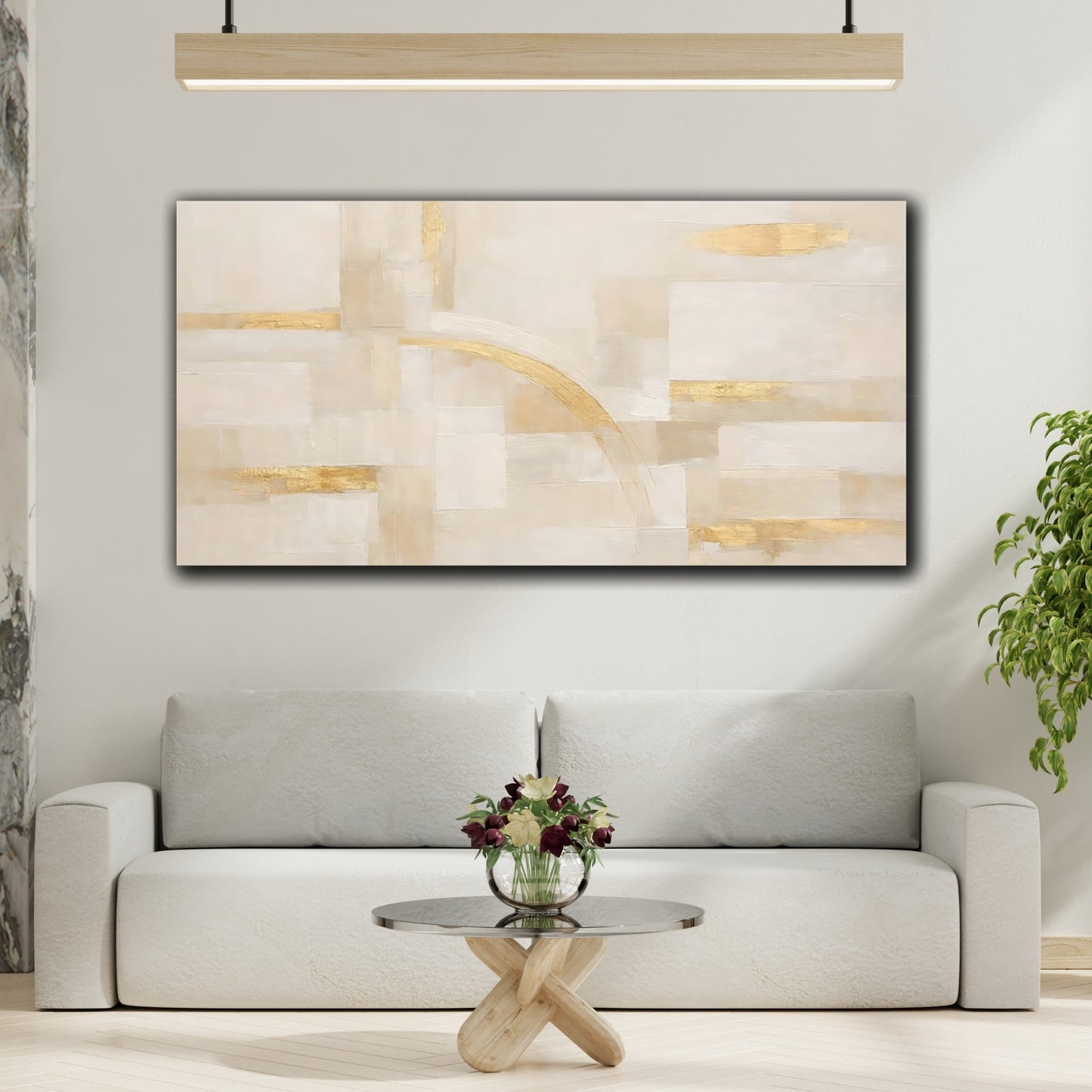 Mockup 3. Abstract Abstract Shapes Beige Gold Abstract shown as stretched canvas wall art