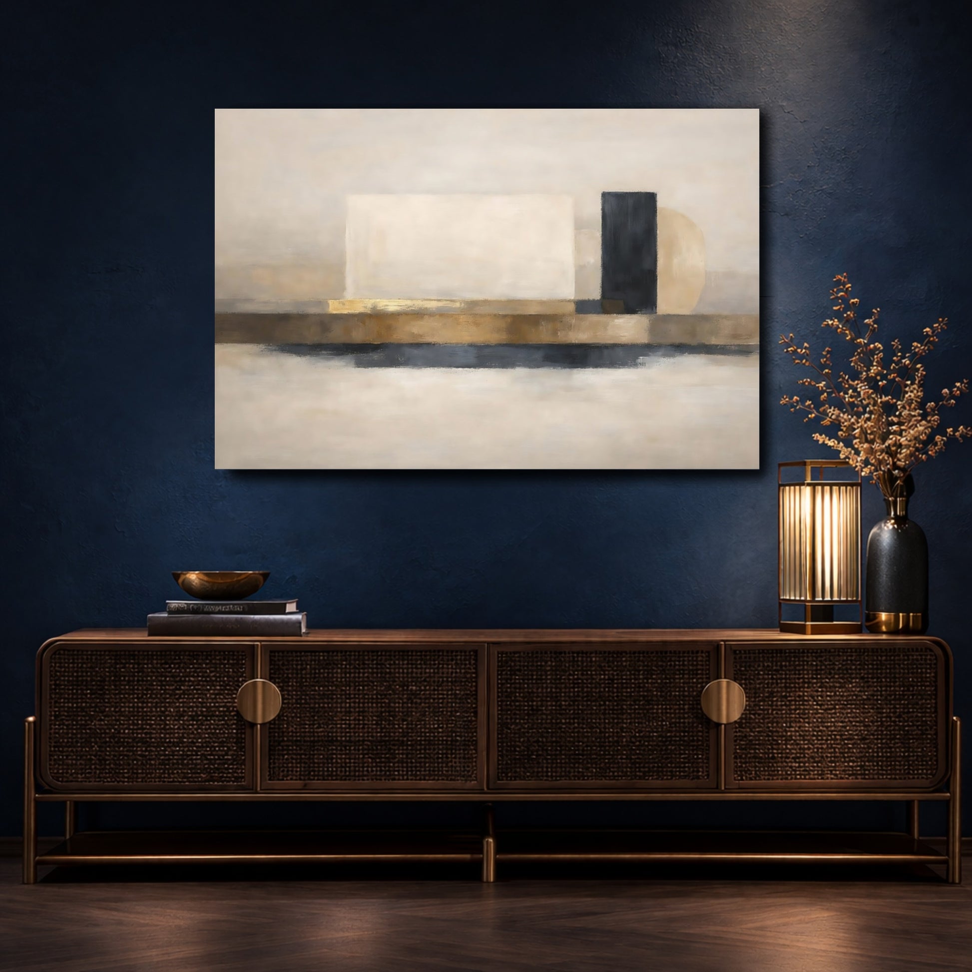 Mockup 4. Abstract Abstract Shapes Beige Gold Abstract shown as stretched canvas wall art