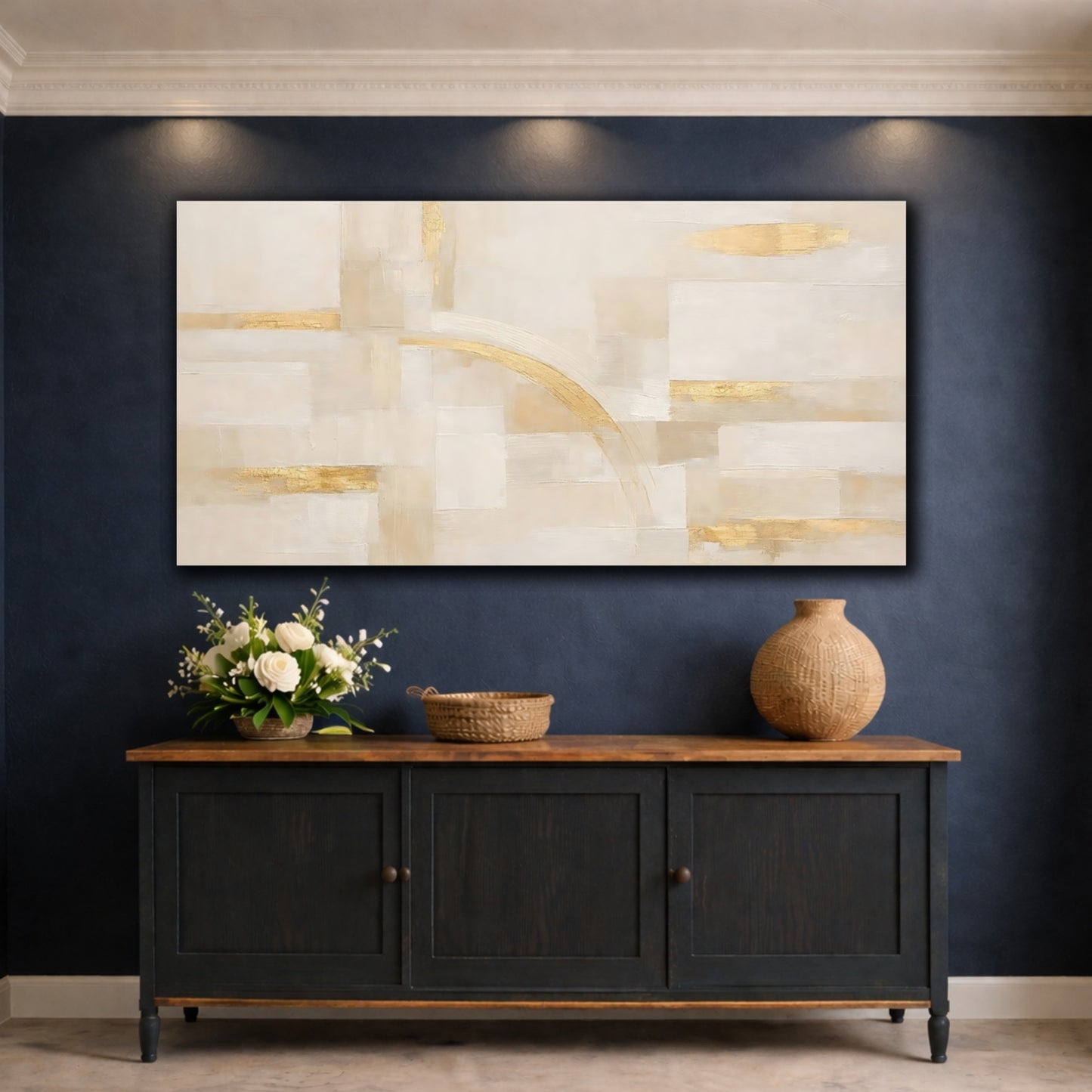 Mockup 4. Abstract Abstract Shapes Beige Gold Abstract shown as stretched canvas wall art