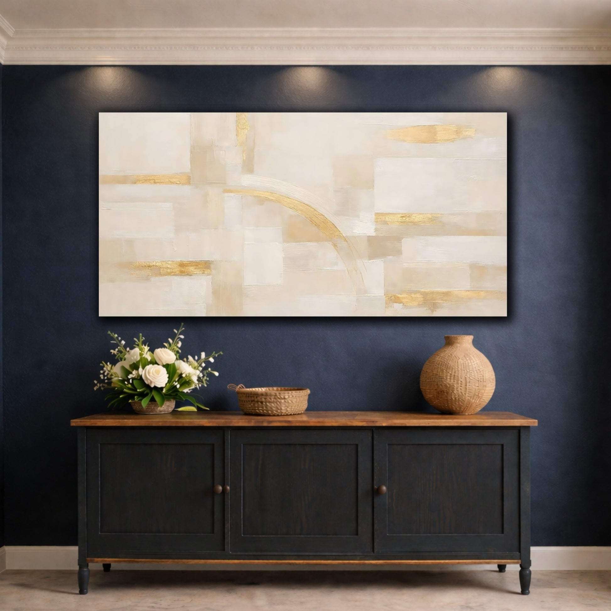 Mockup 4. Abstract Abstract Shapes Beige Gold Abstract shown as stretched canvas wall art