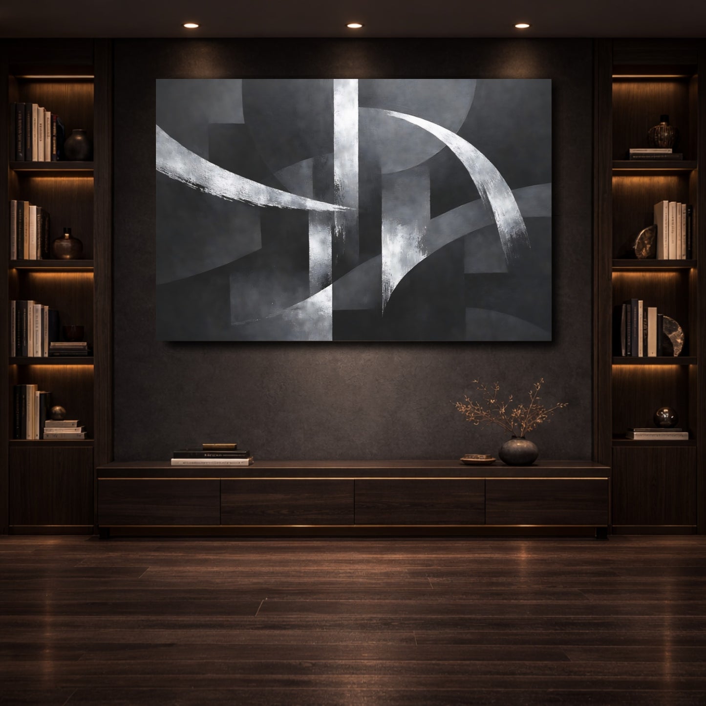 Mockup 3. Abstract Abstract Shapes Black And White shown as stretched canvas wall art