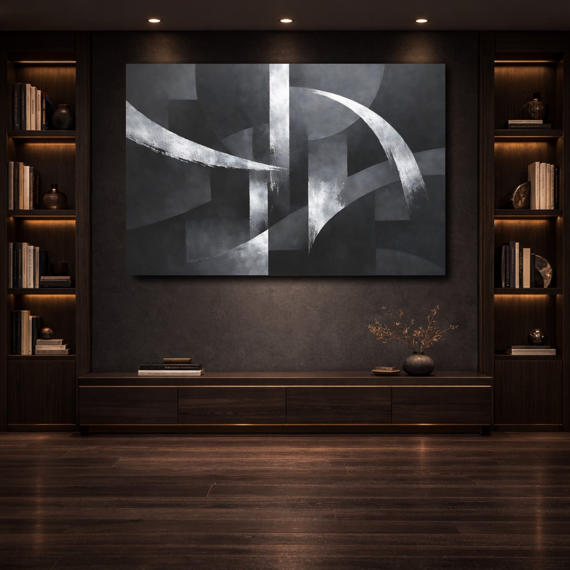 Mockup 3. Abstract Abstract Shapes Black And White shown as stretched canvas wall art