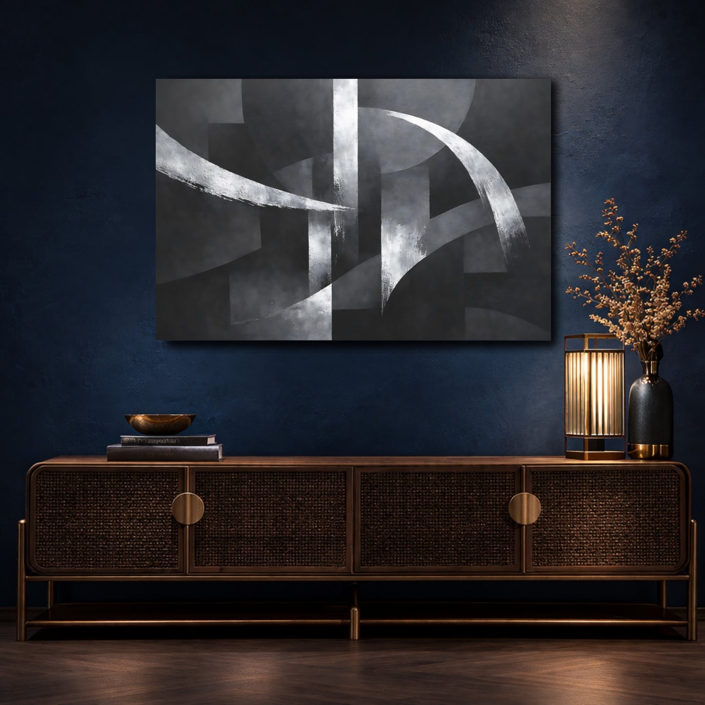 Mockup 4. Abstract Abstract Shapes Black And White shown as stretched canvas wall art
